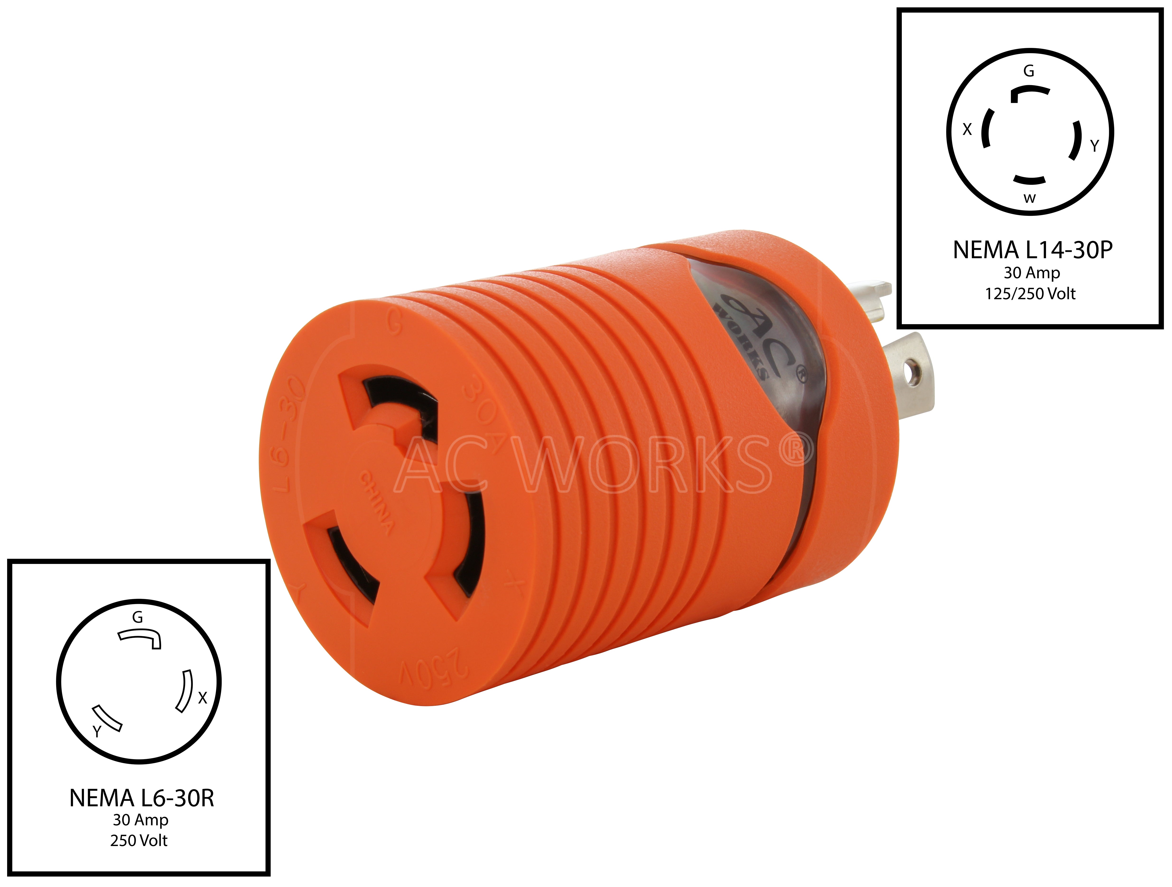 AC WORKS® [ADL1430L630] 30A 125/250V NEMA L14-30P Locking Plug to L6-30R 30A 250V Locking Connector