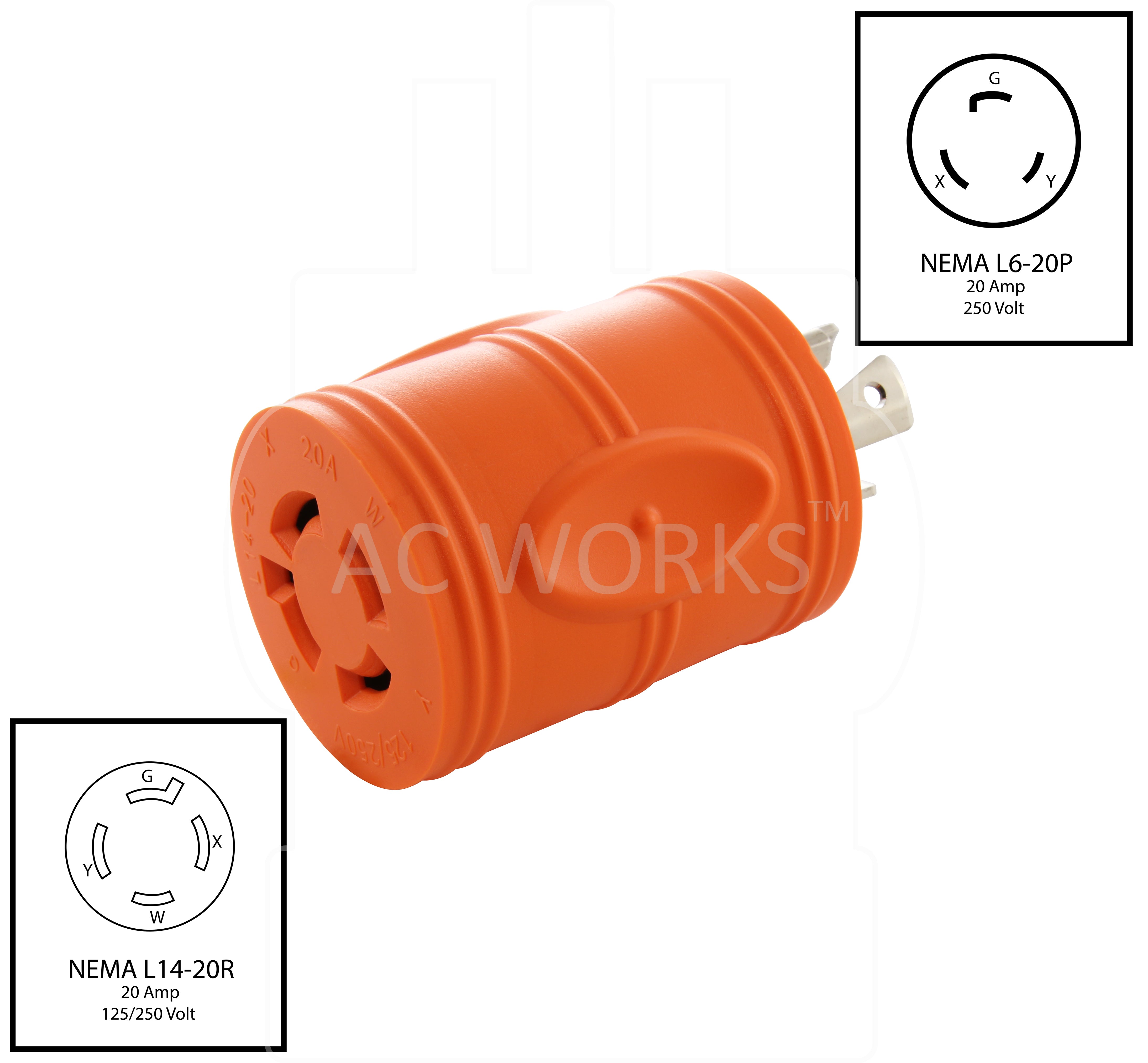 NEMA L6-20P Industrial Locking Plug to NEMA L14-20R Locking Generator Connector