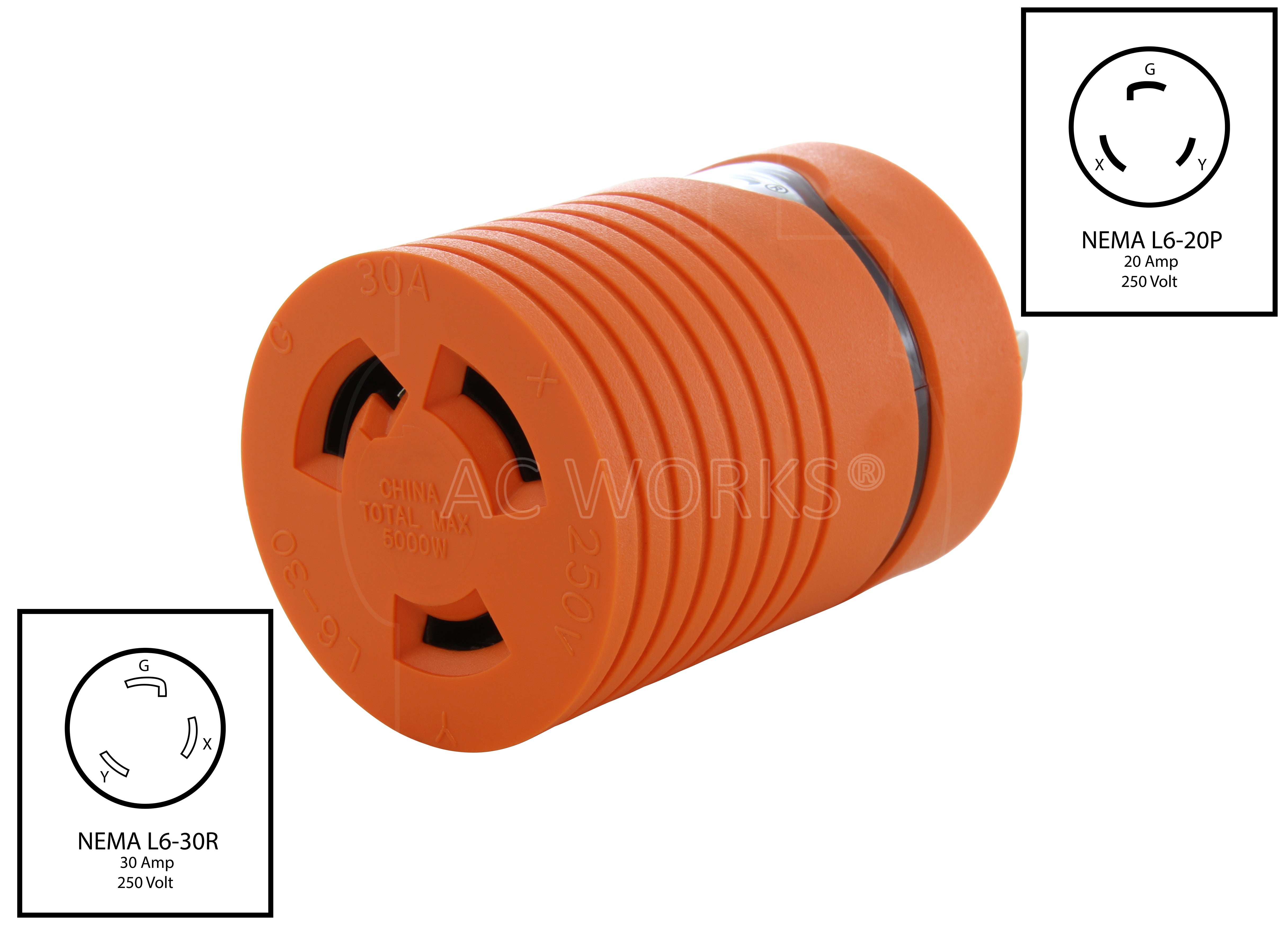 NEMA L6-20P to NEMA L6-30R Compact Adapter