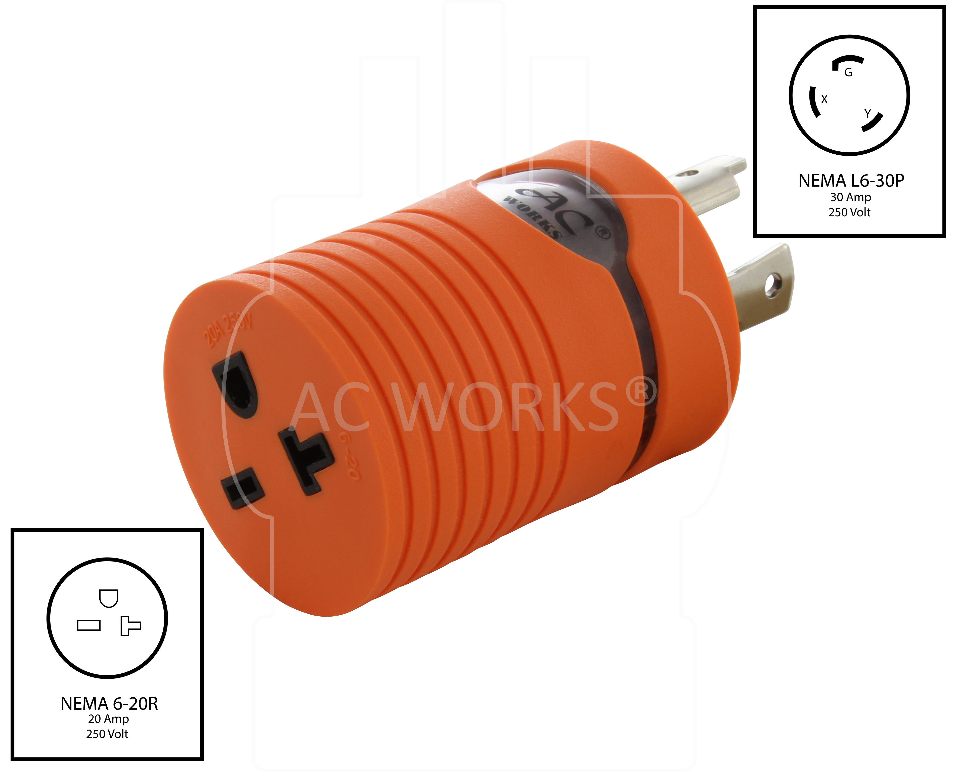 NEMA L6-30P to NEMA 6-20R Compact Barrel Locking Plug Adapter to T-Blade, 250 Volt Connector