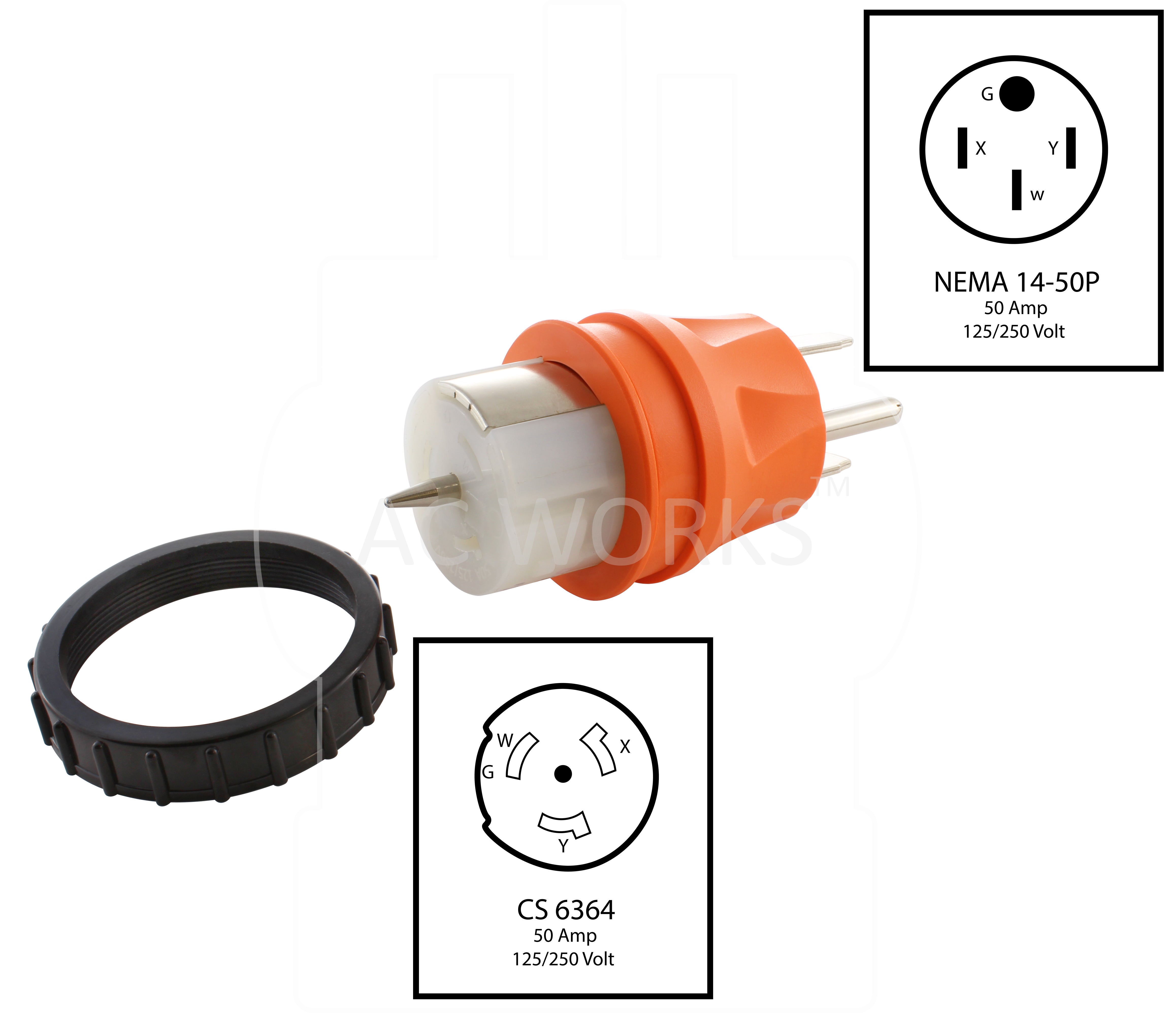 NEMA 14-50P to CS6364, 14-50 plug to California standard 6364, temporary power adapter