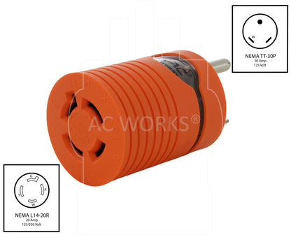 AC WORKS® [ADTTL1420] Adapter RV 30A TT-30P Plug to 20A 125/250V L14-20R Female (Two Hots bridged)