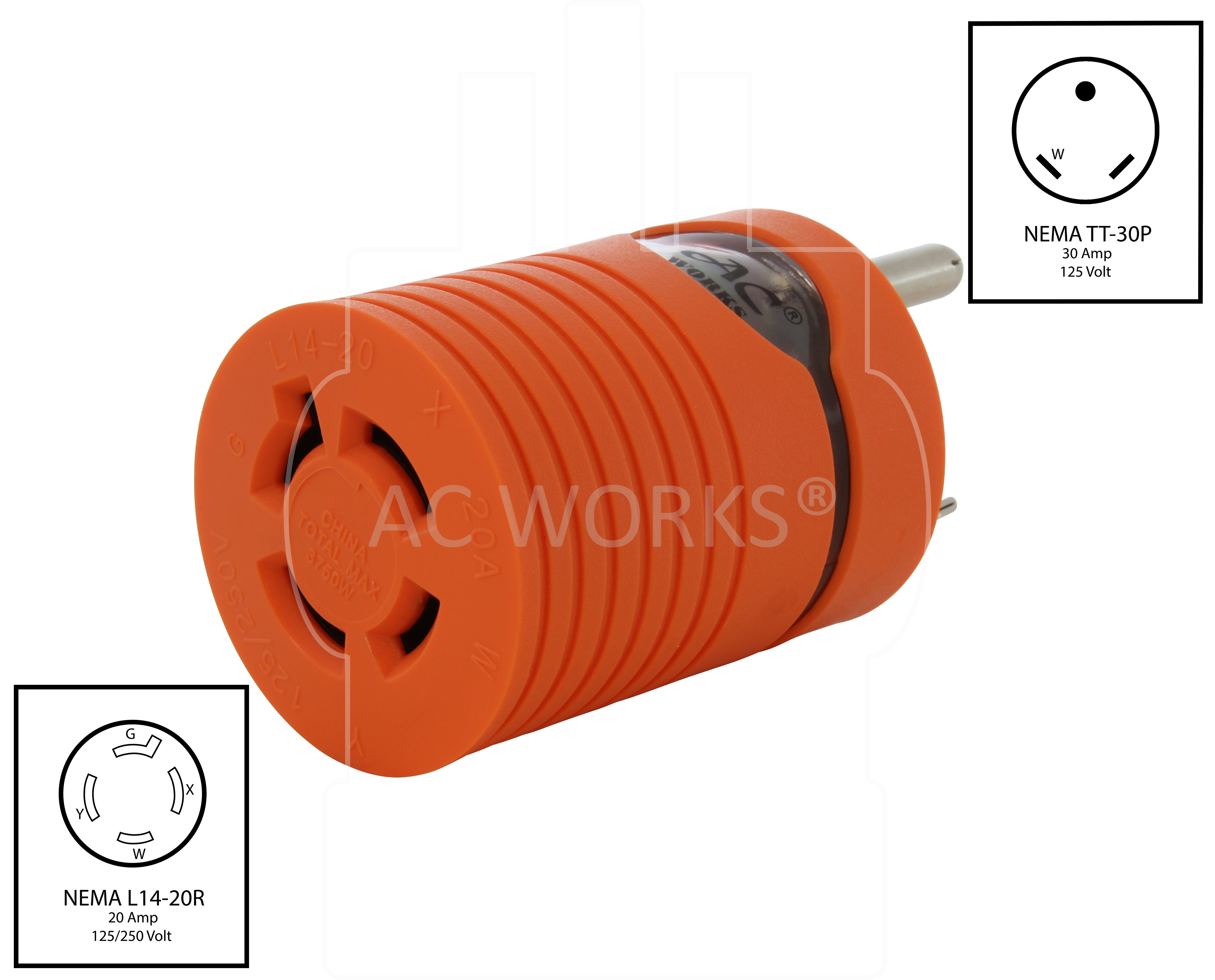 AC WORKS® [ADTTL1420] Adapter RV 30A TT-30P Plug to 20A 125/250V L14-20R Female (Two Hots bridged)