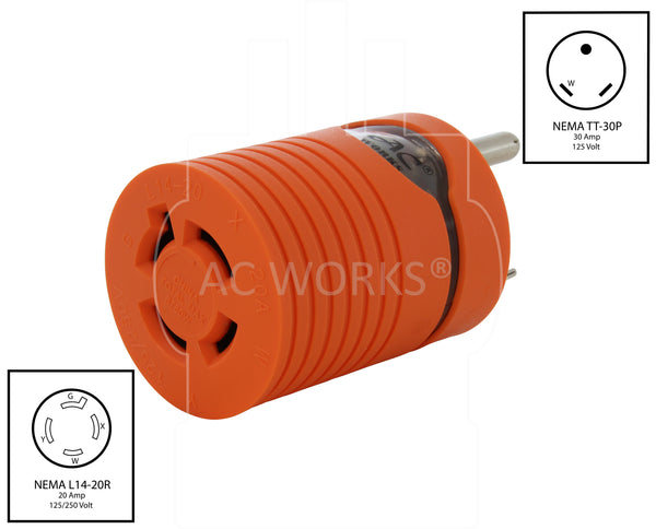 AC WORKS® [ADTTL1420] Adapter RV 30A TT-30P Plug to 20A 125/250V L14-20R Female (Two Hots bridged)