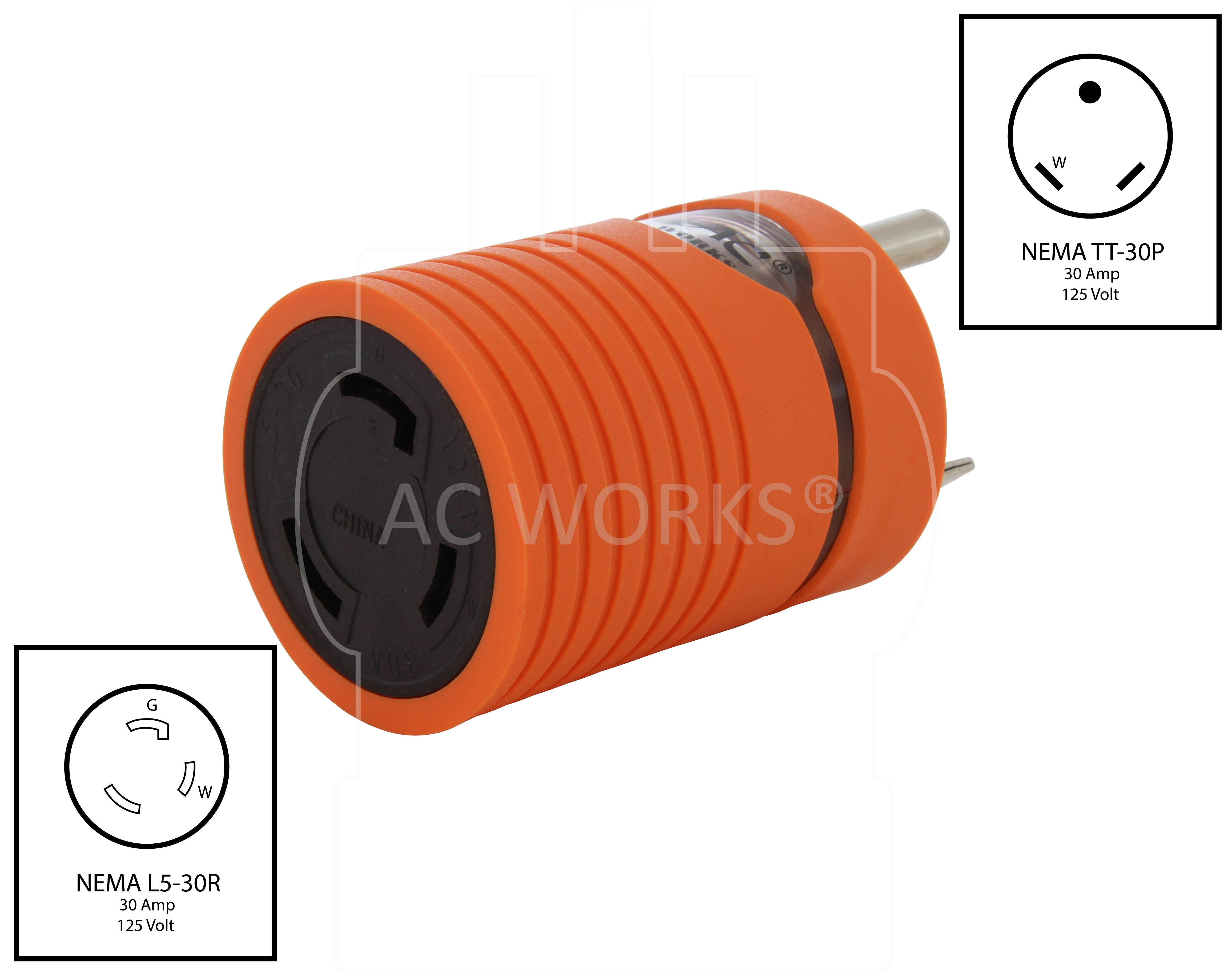 AC WORKS® [ADTTL530] Generator Adapter RV 30A TT-30P to L5-30R 30A 3-Prong Locking Connector