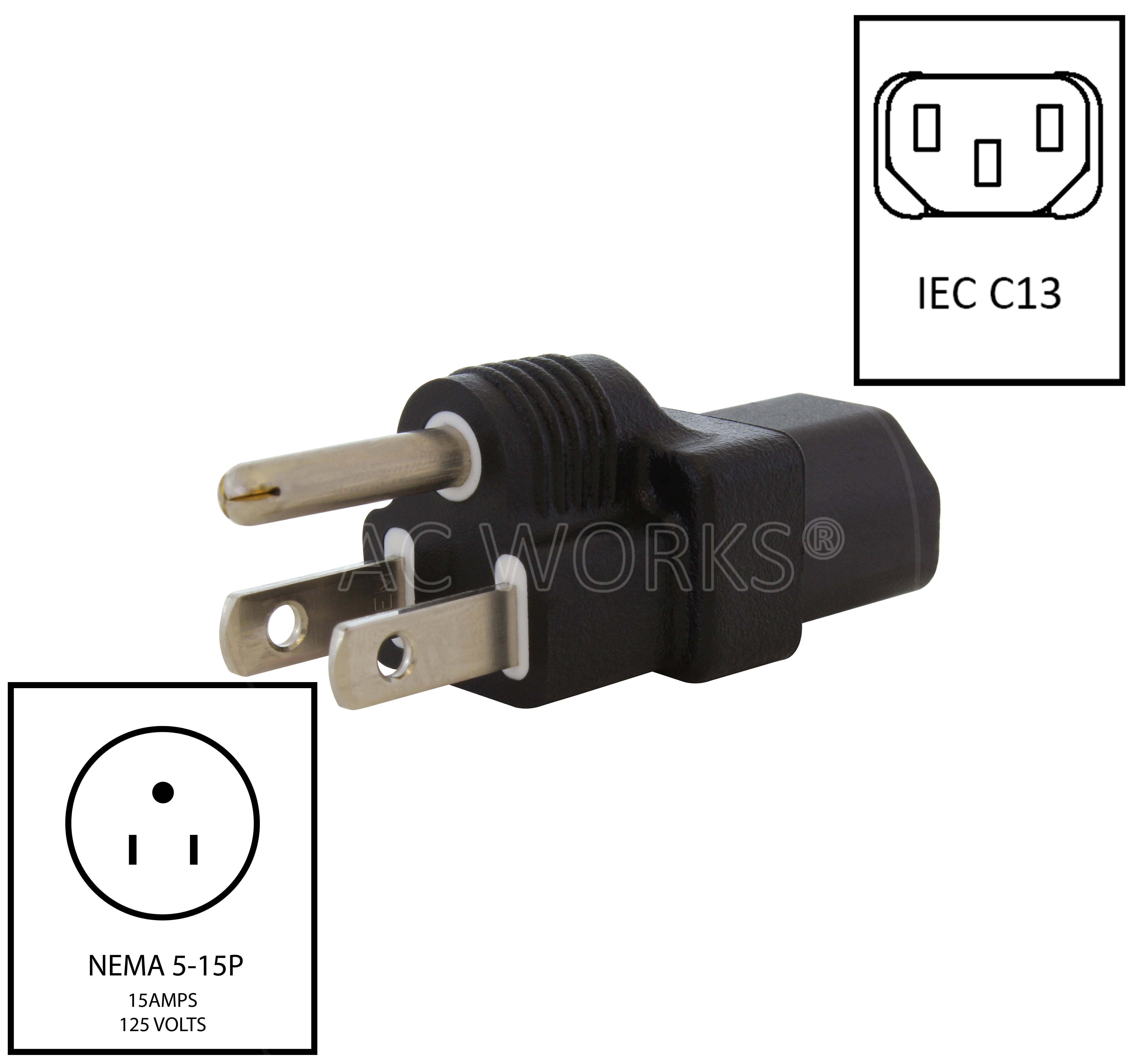 AC WORKS® [ADUSC13] Type B NEMA 5-15P Household Plug to IEC C13