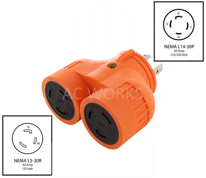 NEMA L14-30P to NEMA L5-30R, L1430 plug to L530 connectors, 4-prong generator plug to 3-prong connectors