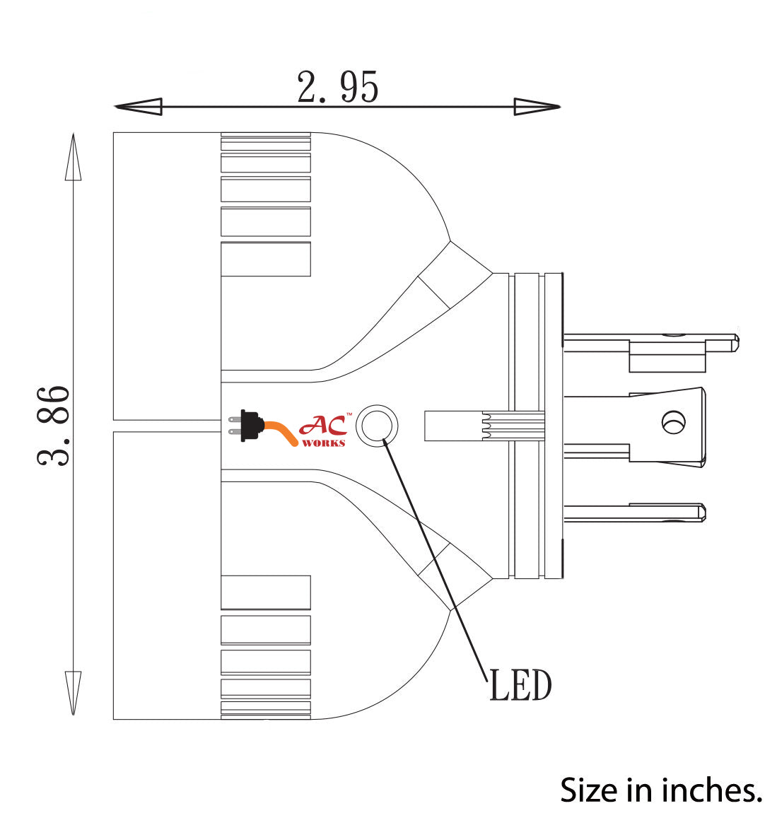 AC WORKS® brand V-Duo multi-outlet twist locking adapter specifications.