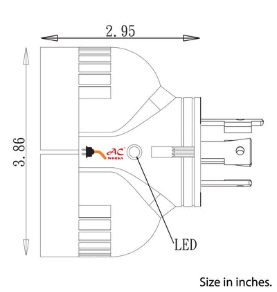AC WORKS® brand V-Duo multi-outlet twist locking adapter specifications.