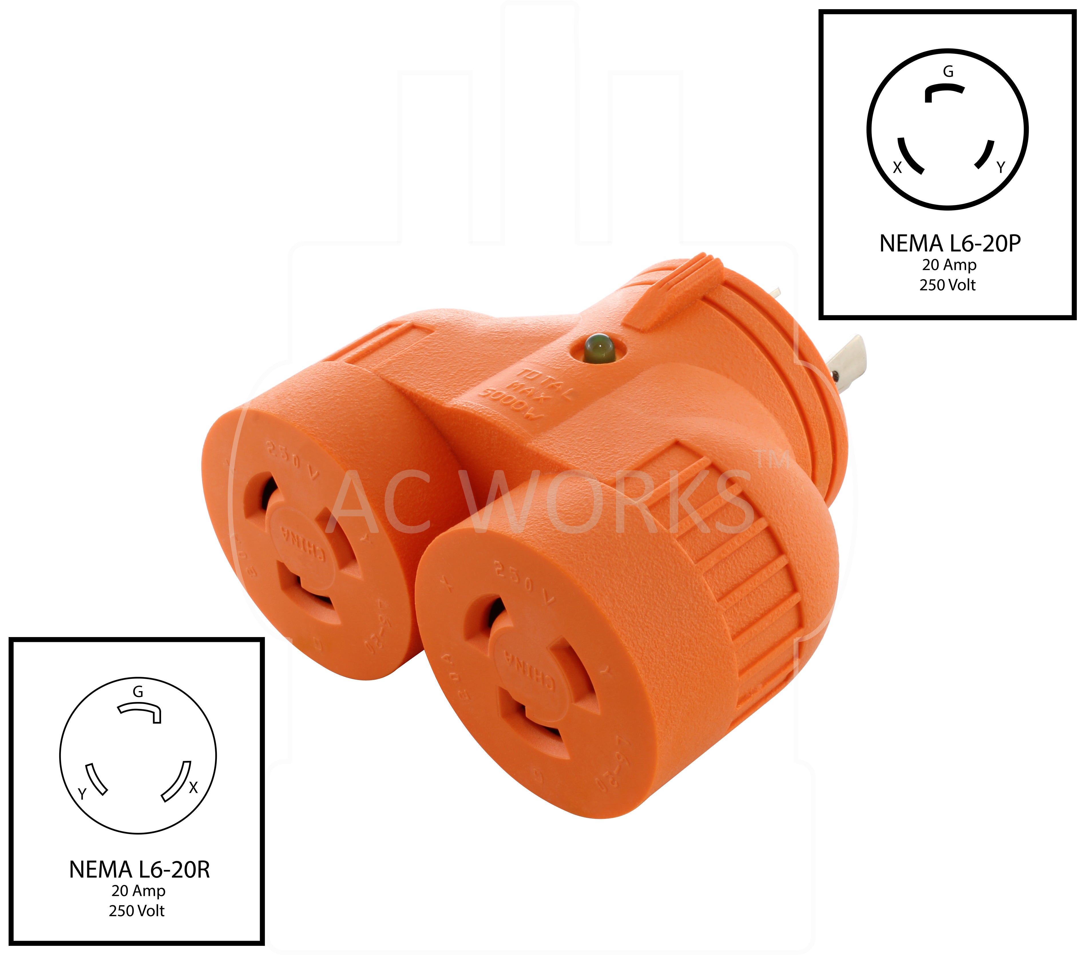 NEMA L6-20P to (2) NEMA L6-20R V-Duo Locking Adapter.