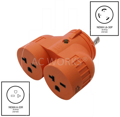 NEMA L6-30P 30 Amp Locking Industrial Plug to two NEMA 6-20R 20 Amp HVAC or Power Tool Connections. 