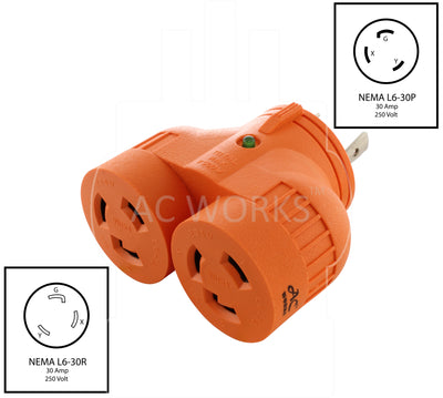 AC WORKS Industrial V-DUO Outlet Adapter L6-30P 30 Amp 250-Volt 3-Prong Locking Plug to (2) L6-30R Female Connectors AC WORKS Industrial V-DUO Outlet Adapter L6-30P 30 Amp 250-Volt 3-Prong Locking Plug to (2) L6-30R Female Connectors