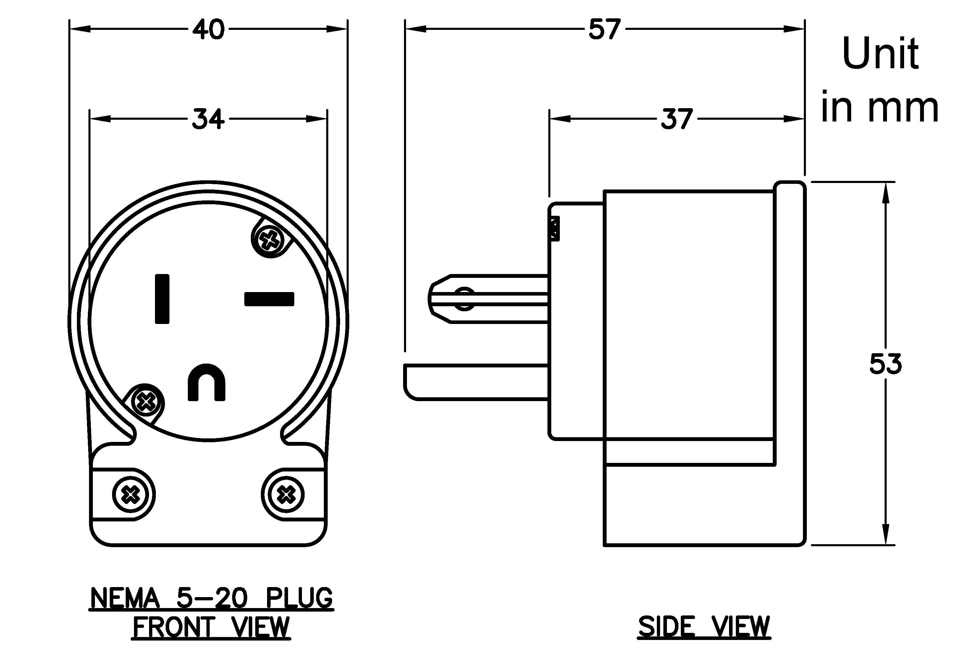 AC WORKS® [ASE520P] 20A 125V All Angles Plug with UL, C-UL Approval