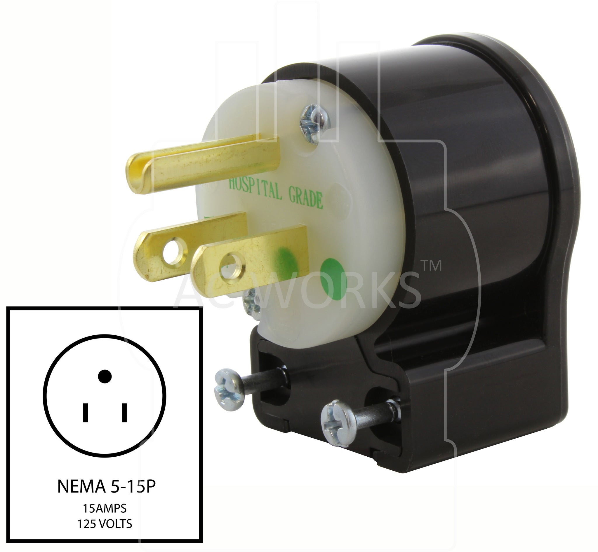 AC WORKS 15A 125V NEMA 5-15P Medical Grade Straight Blade Plug Assembly