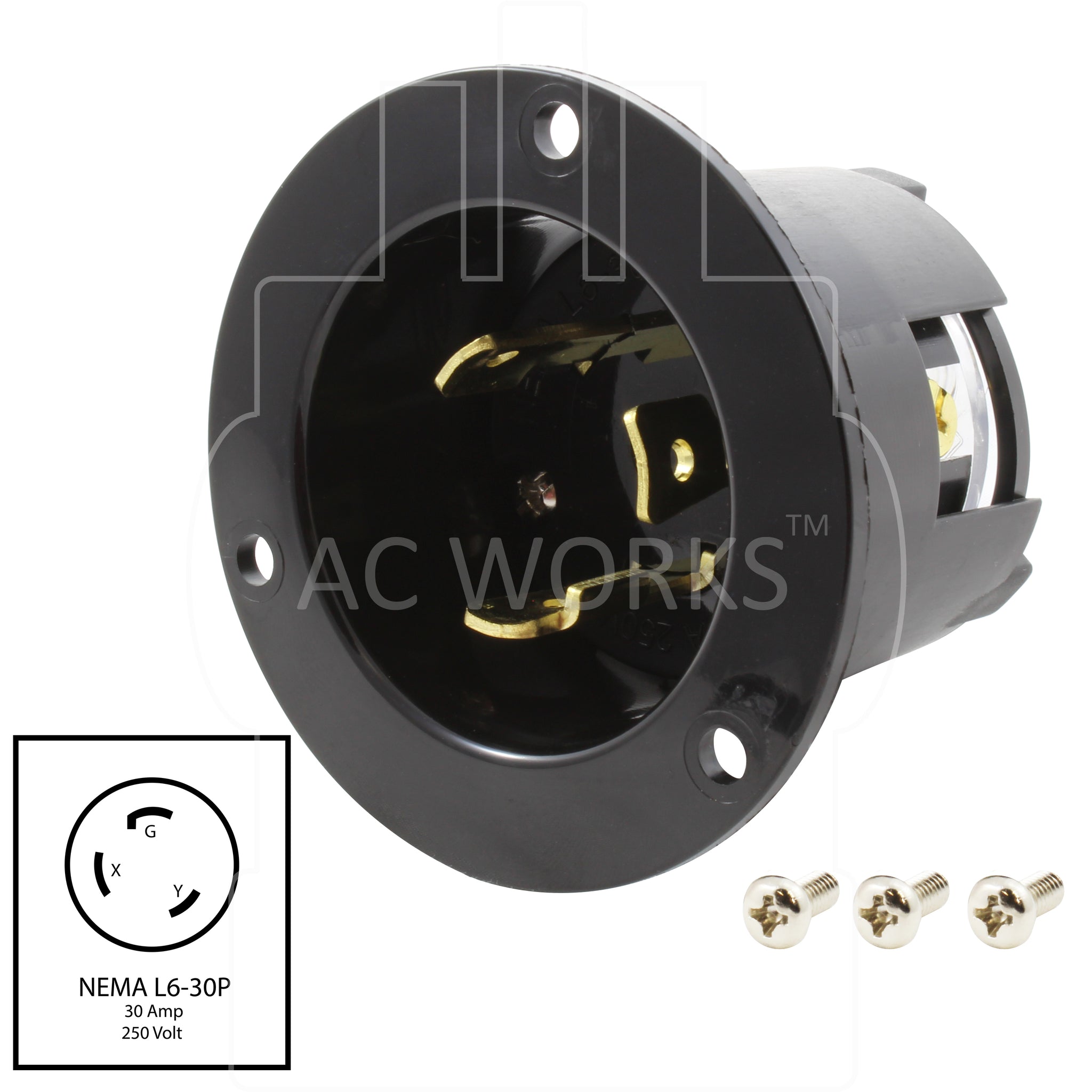 AC WORKS® 30 Amp 250 Volt L6-30P Power Input Inlet UL and C-UL Approval ...