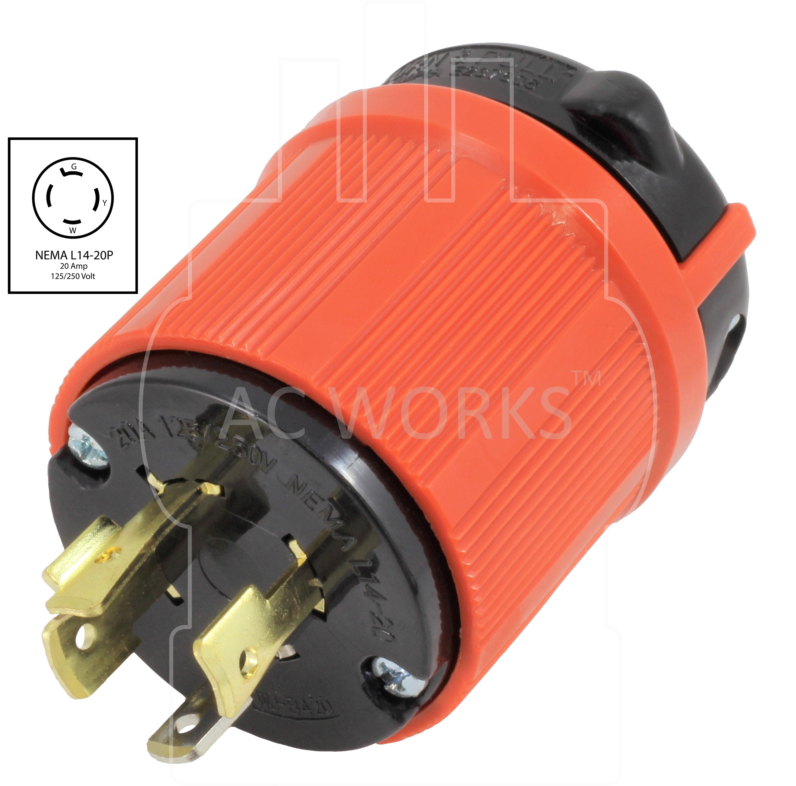 AC Works, NEMA L14-20P, L14-20P, L1420P, L1420, generator locking plug, generator plug assembly, locking plug assembly