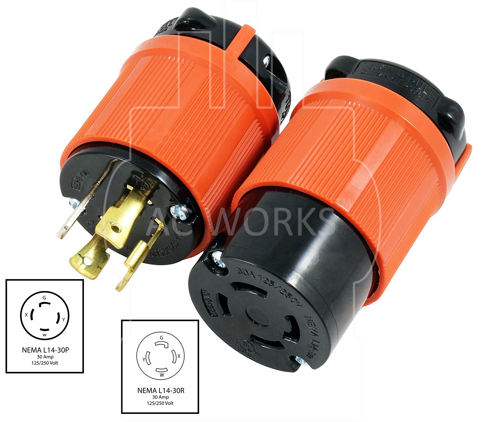 AC Works, NEMA L14-30P, L14-30P, L1430P, L1430, NEMA L14-30R, L14-30R, L1430R, locking plug and outlet, generator plug and outlet