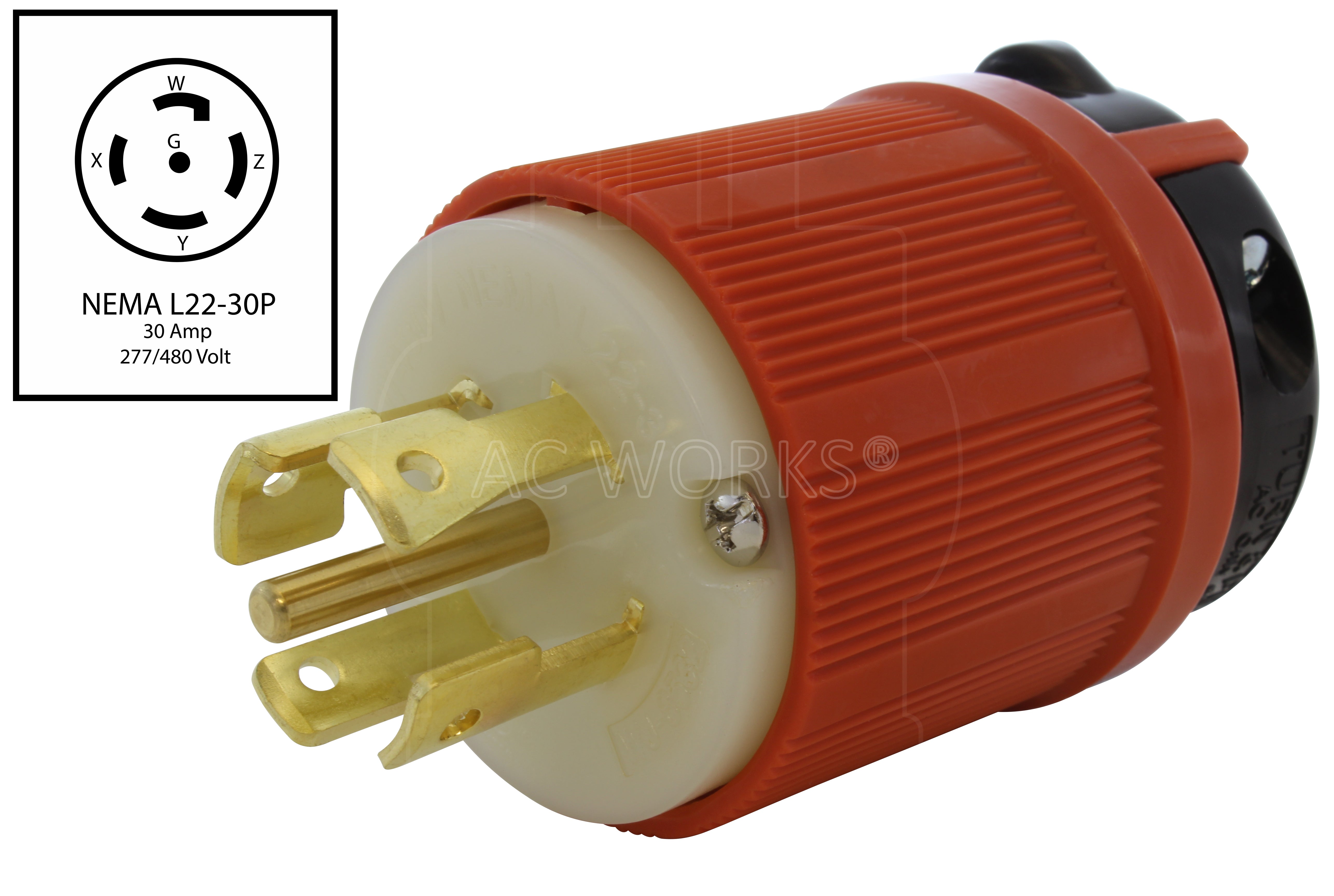 AC WORKS® [ASL2230P] NEMA L22-30P 30A 3-Phase Y 277/480V 5-Prong Locking Male Plug with UL, C-UL Approval