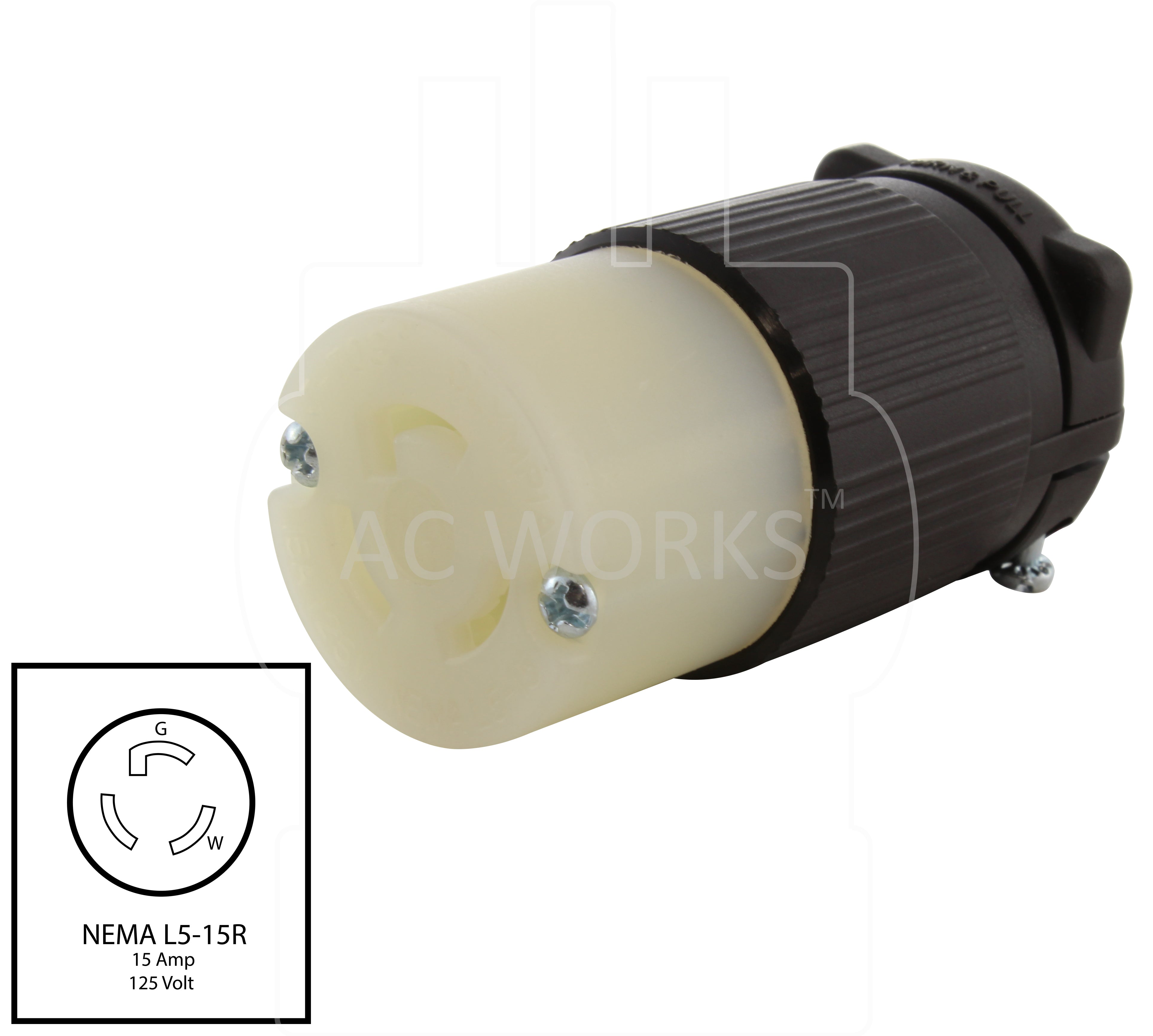 NEMA L5-15R assembly, L515 connector assembly, 15 amp locking female connector assembly