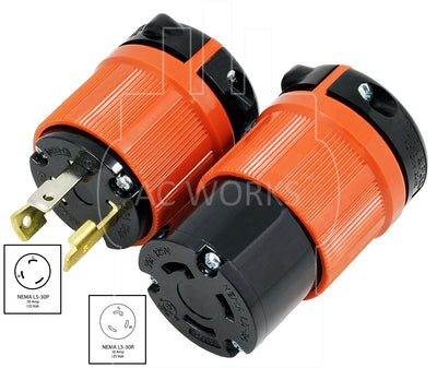 AC Connectors, AC Works, NEMA L5-30P, NEMA L5-30R, assembly plug, assembly outlet, assembly connector, 30 amp locking plug, 30 amp locking female connector
