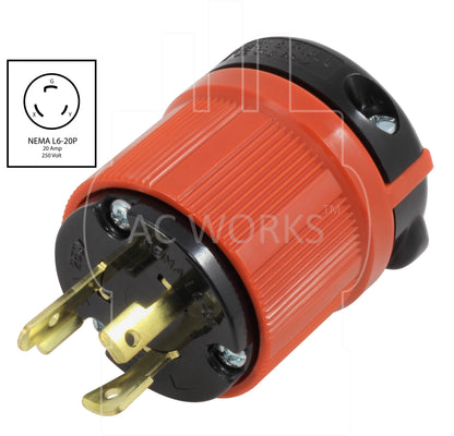 AC Works, NEMA L6-20P, L6-20P, L620P, L620, 20 amp twist lock plug, twist lock plug, locking plug, 250 volt plug assembly, 