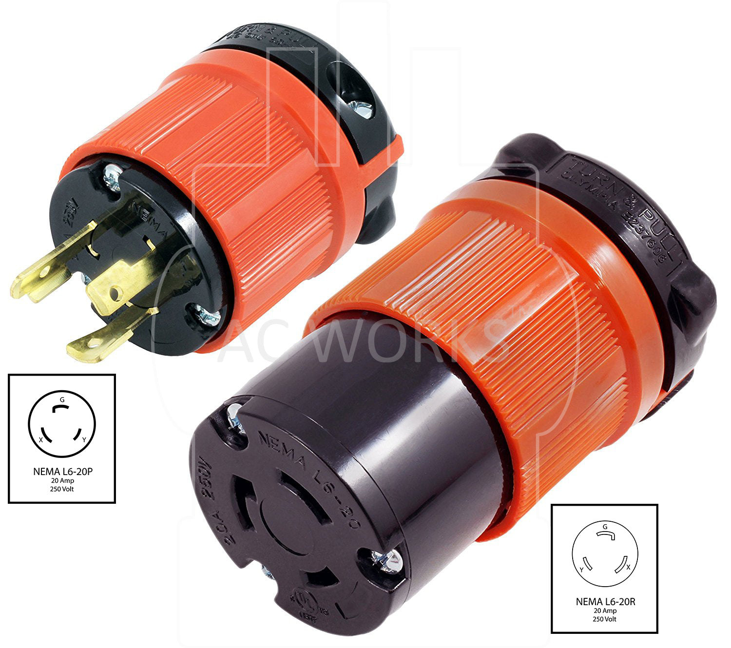 AC Works, AC Connectors, NEMA L6-20P, L620P, L620, 3 prong locking plug assembly, NEMA L6-20R, L620R, L620, 3 prong locking female connector, 20 amp locking devices