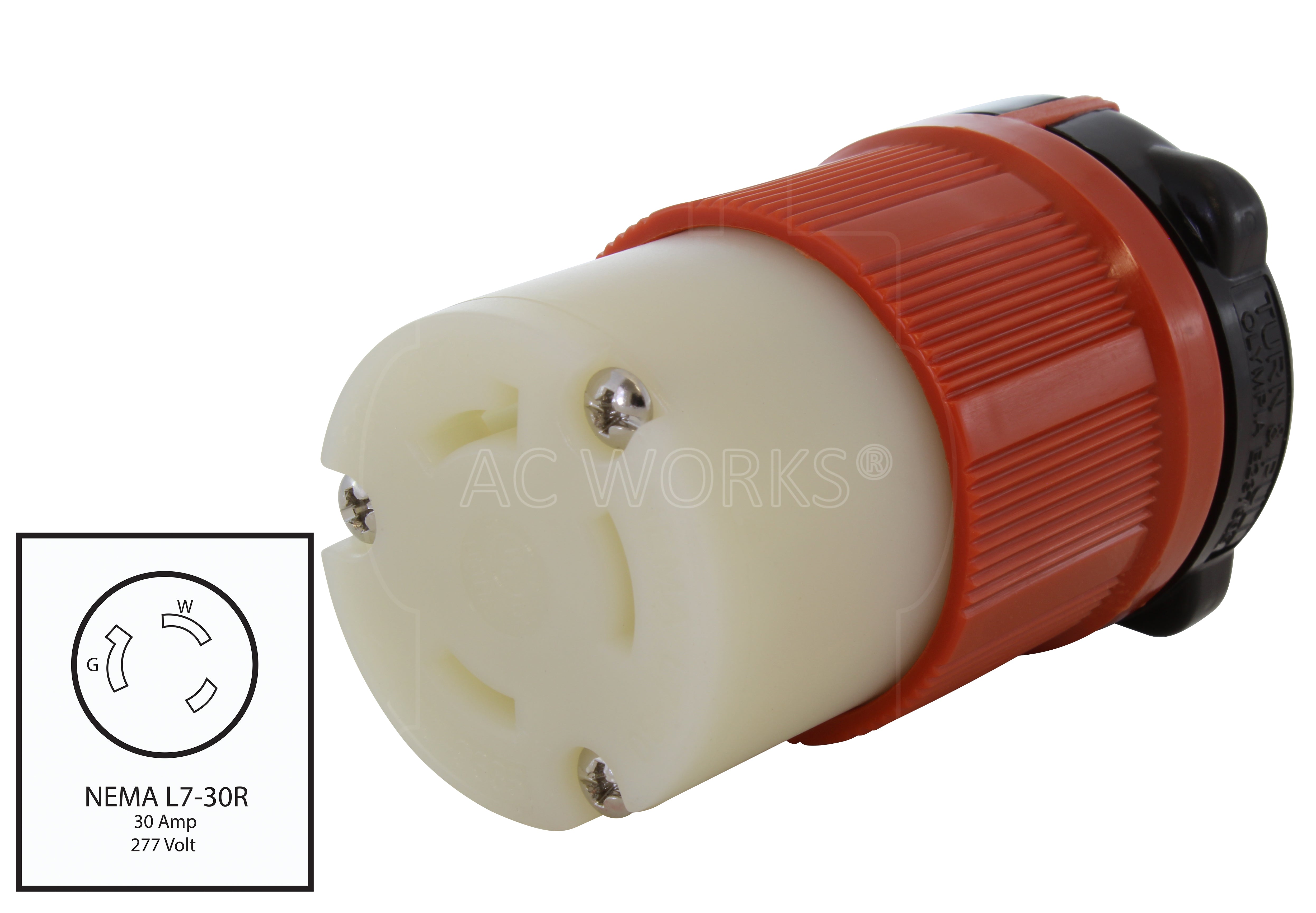 AC WORKS® [ASL730R] NEMA L7-30R 30A 277V 3-Prong Locking Female Connector with UL, C-UL Approval