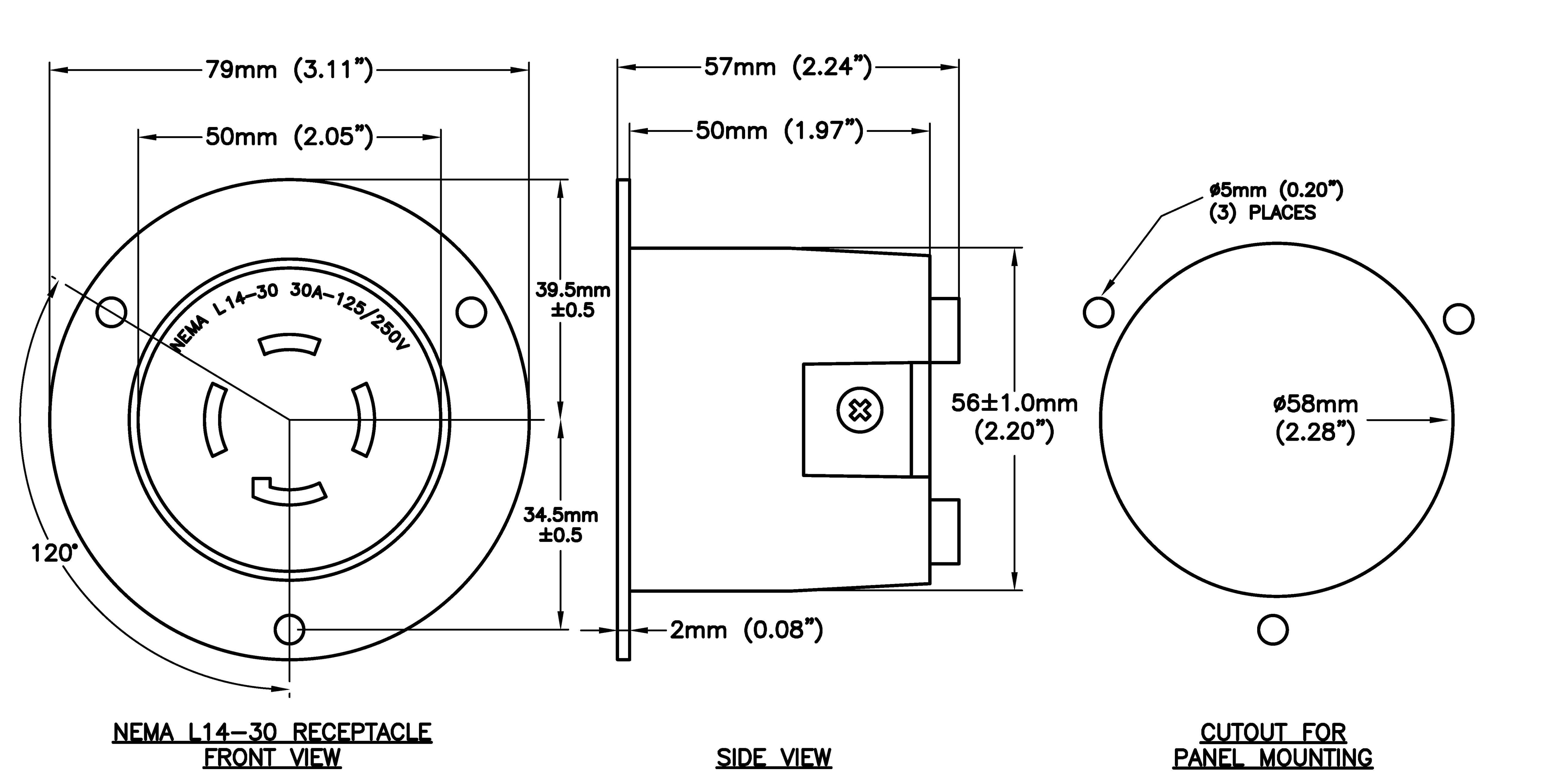 AC WORKS® [ASOUL1430R] 30A 125/250V L14-30R Flanged Outlet UL and C-UL Listed