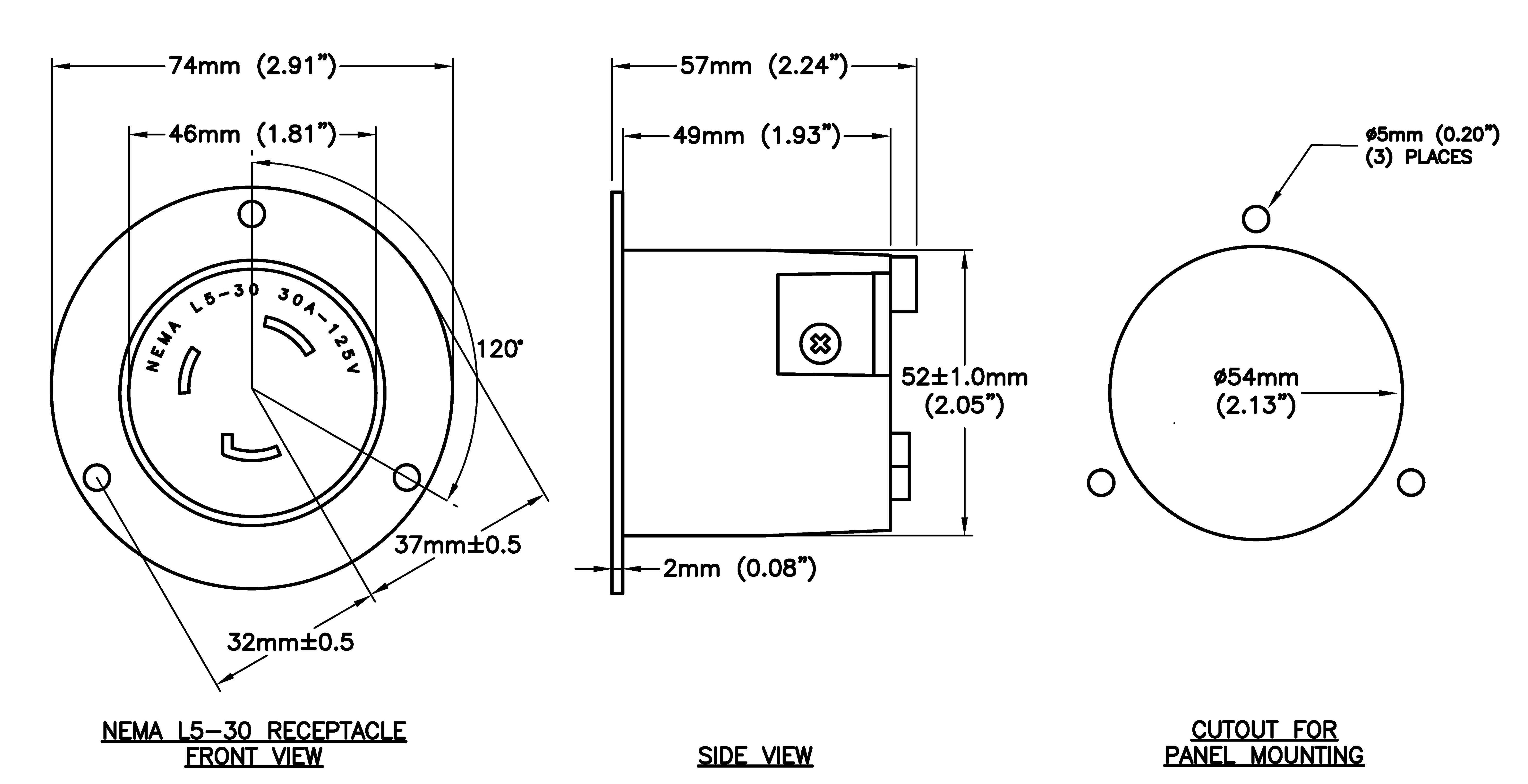 AC WORKS® [ASOUL530R] 30A 125V L5-30R Flanged Outlet UL and C-UL Listed