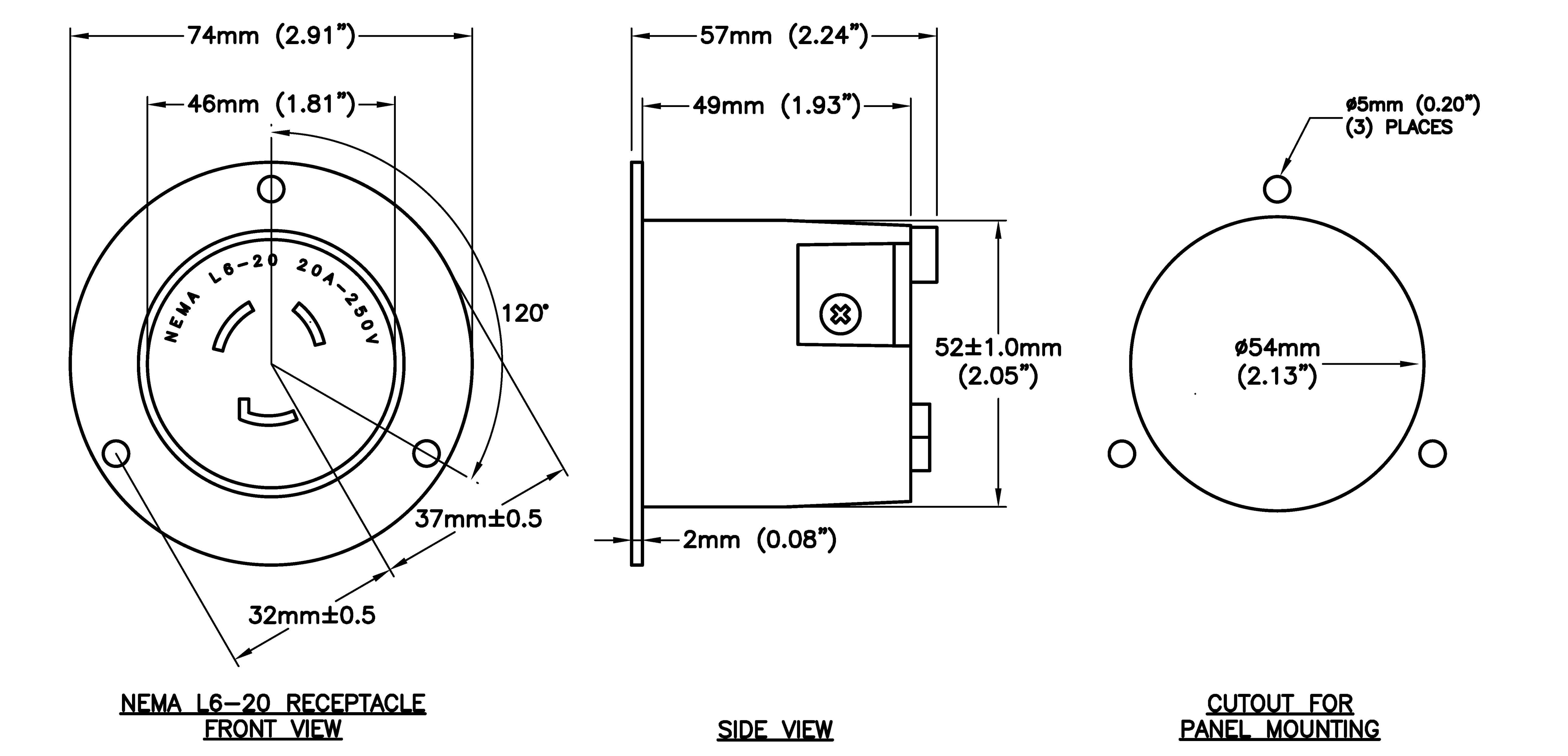 AC WORKS® [ASOUL620R] 20A 250V L6-20R Flanged Outlet UL and C-UL Listed