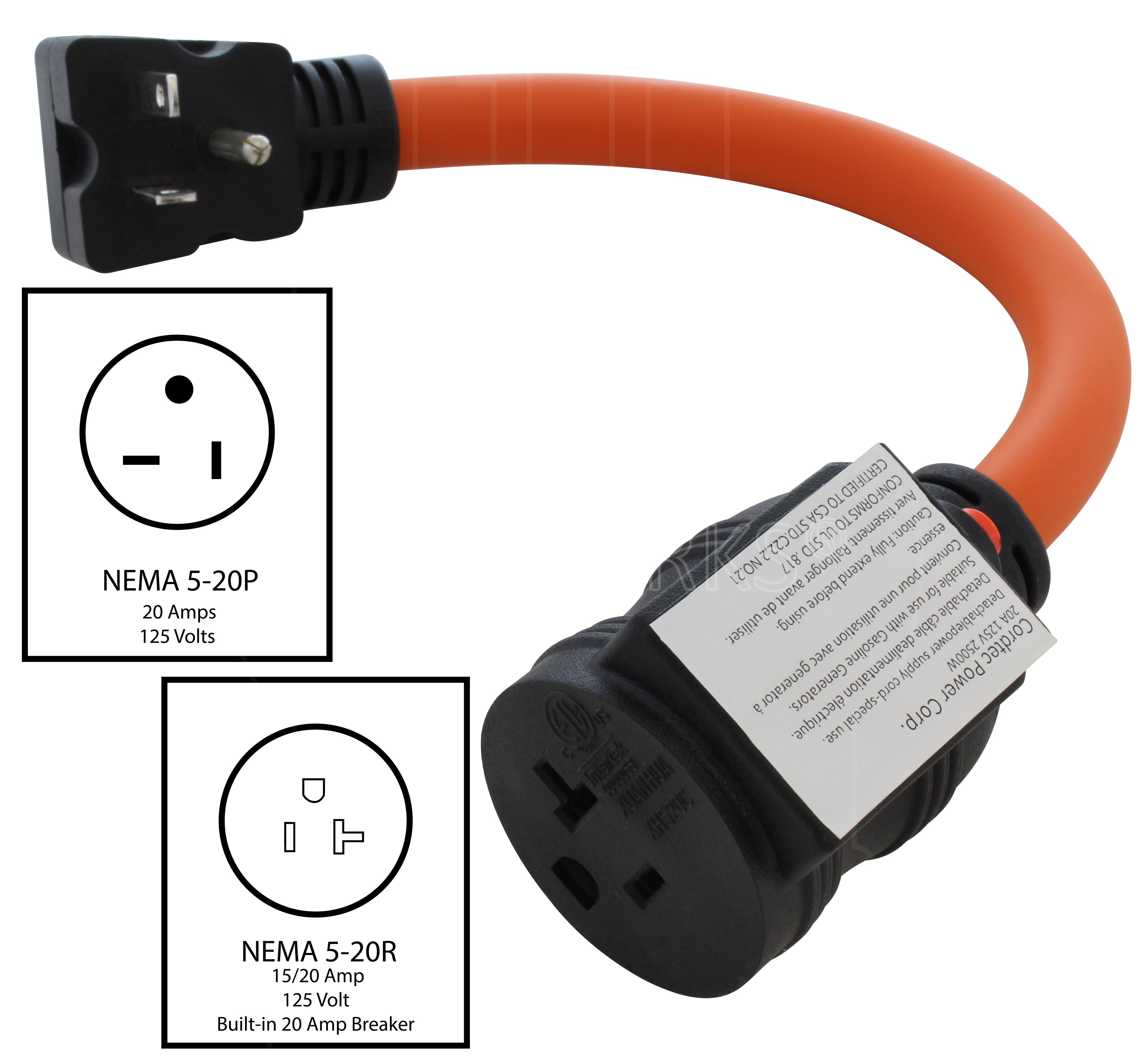NEMA 5-20 Outlet Extender with 20 Amp Breaker | AC WORKS® 1.5FT 20
