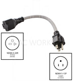 NEMA 5-15P to NEMA 6-20R, 515 male plug to 620 female connector, T-blade connector to household plug