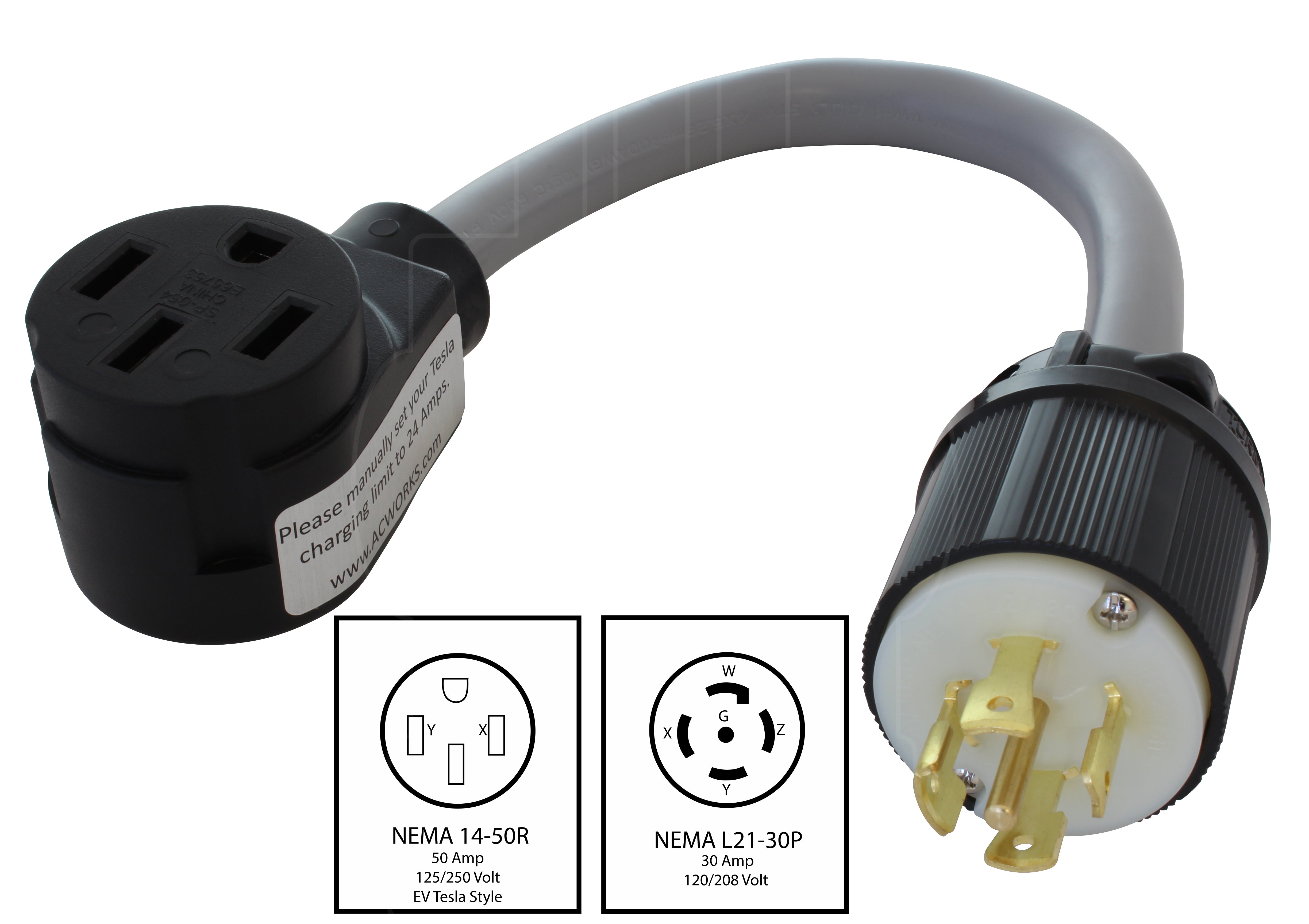 NEMA L21-30P to NEMA 14-50R for Tesla charging