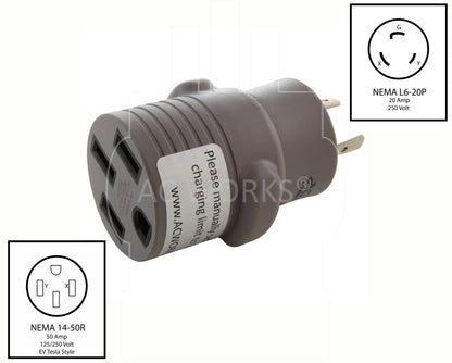 NEMA L6-20P to NEMA 14-50R compact level 2 EV charger adapter