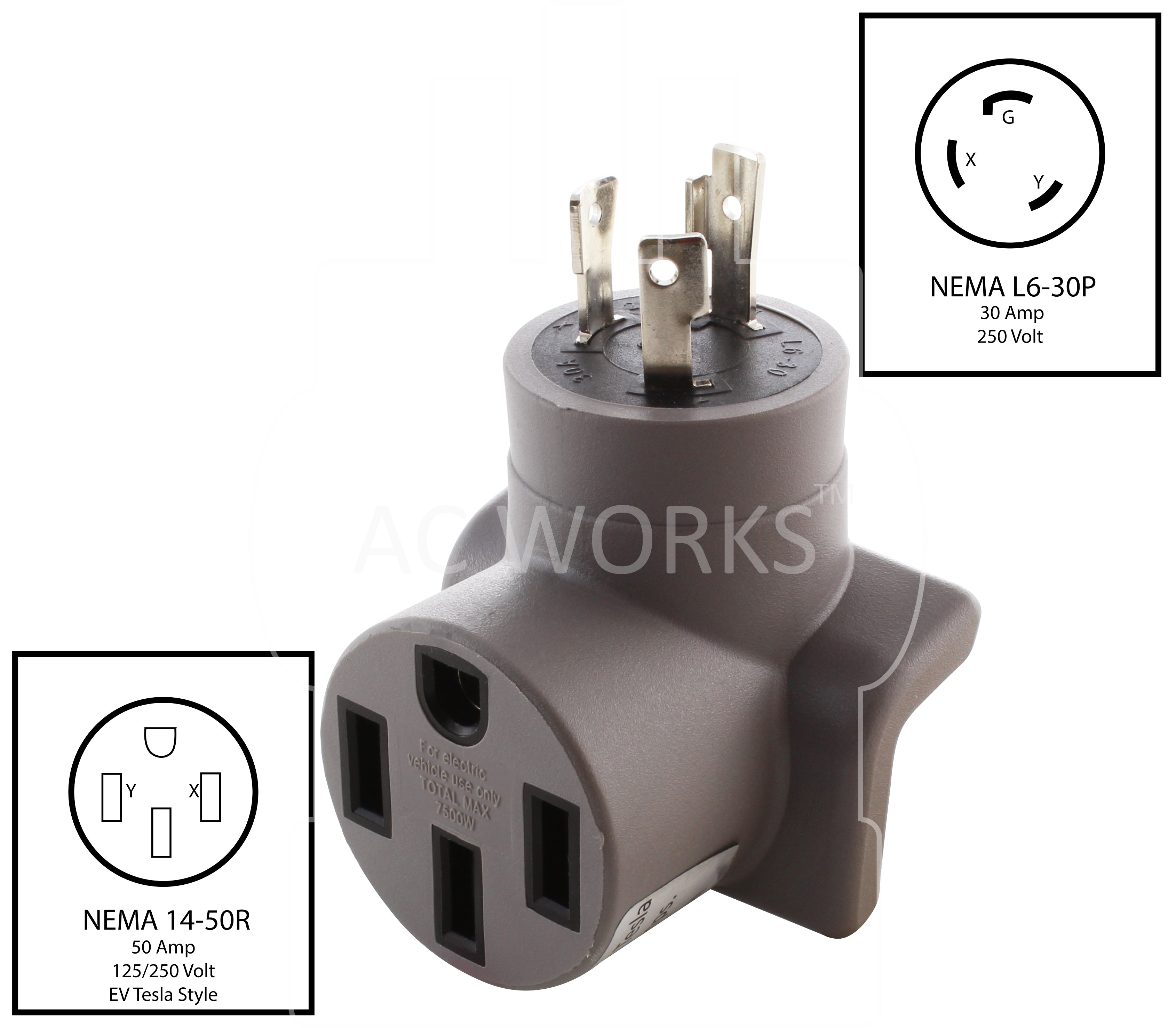 NEMA L6-30P to NEMA 14-50R right angle adapter for level 2 EV charging