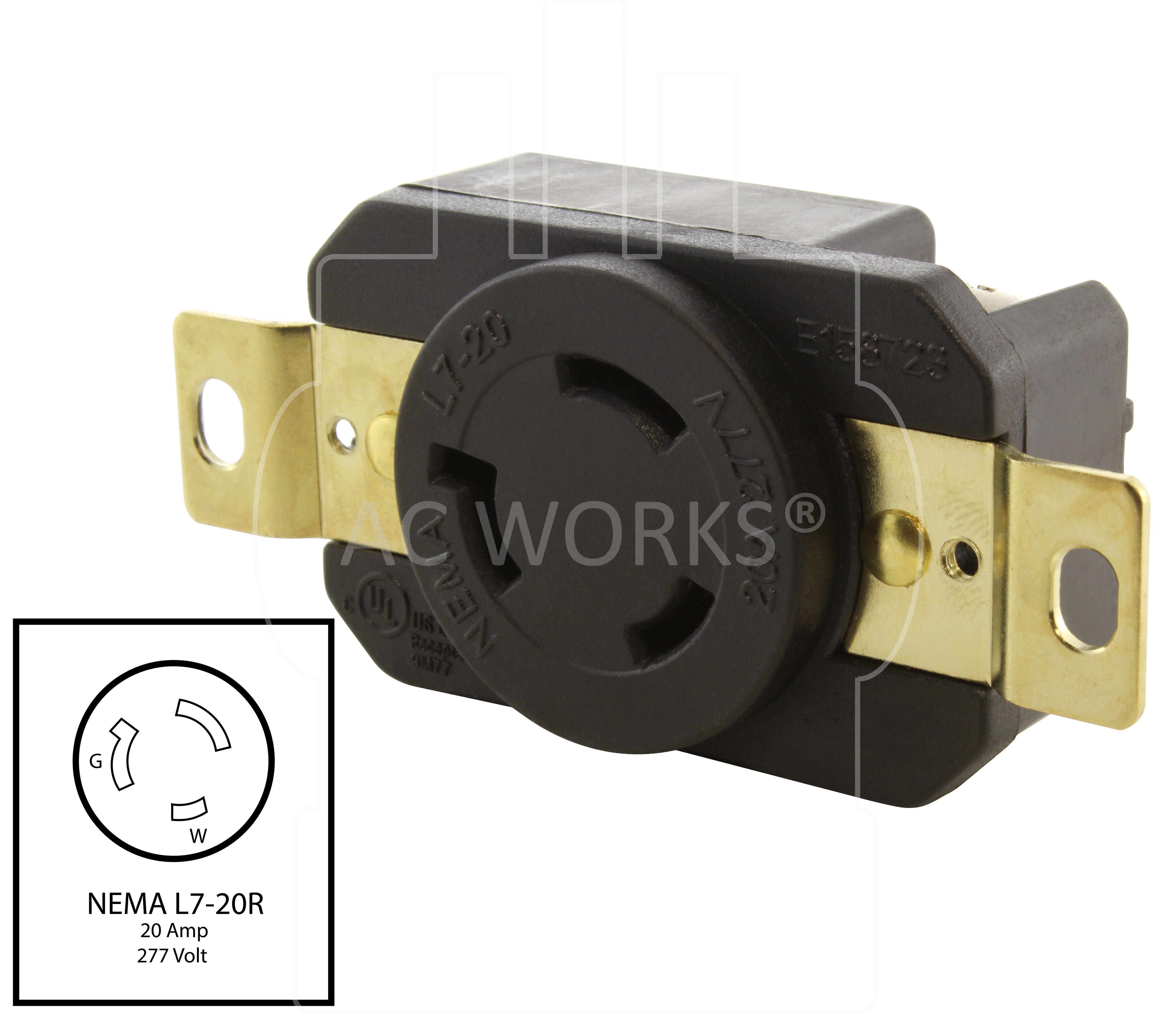 NEMA L7-20R outlet, L720 female outlet, locking 3-prong 277 volt outlet