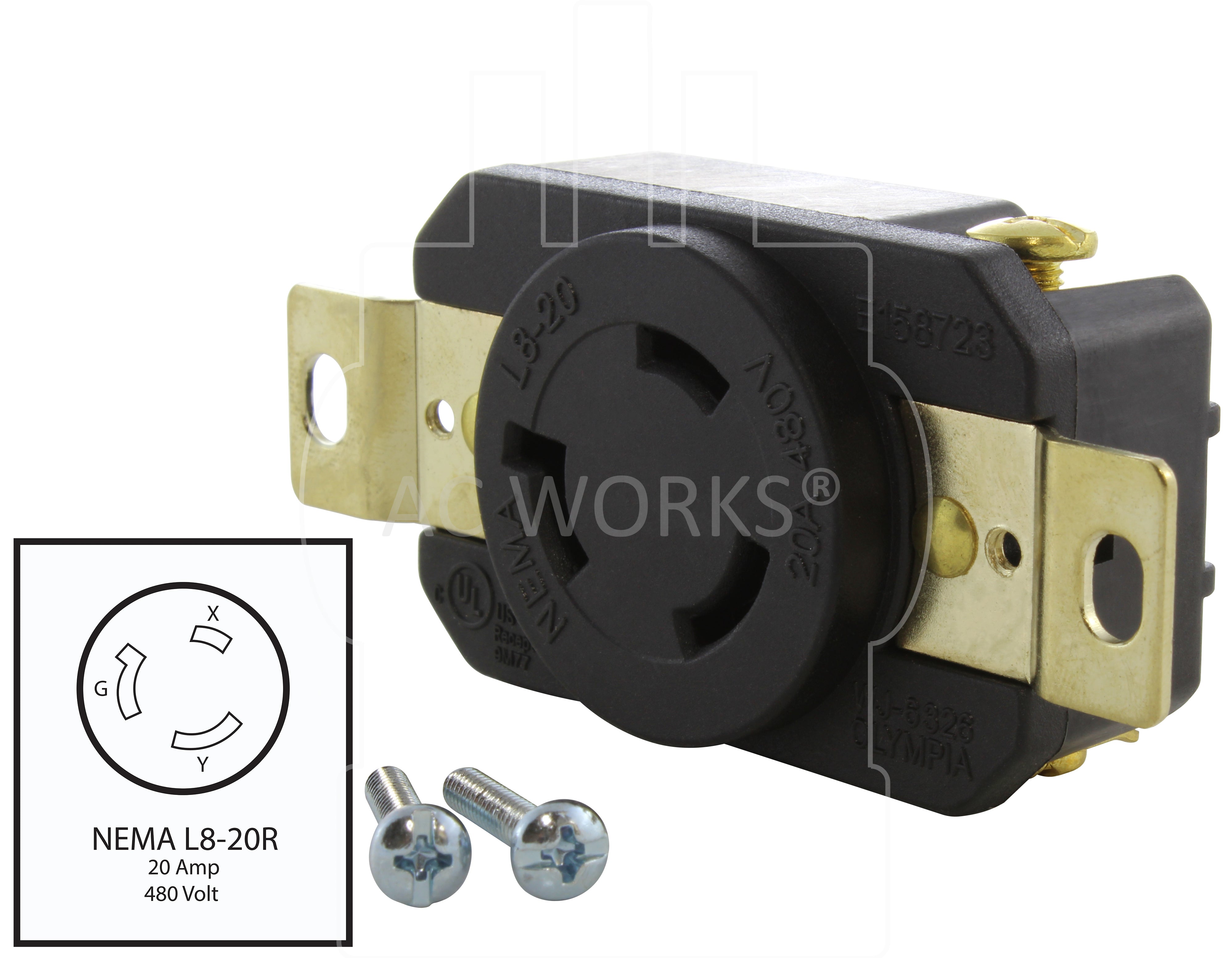 NEMA L8-20R outlet, L820 locking outlet, L820 female connector, 3-prong 20 amp 480 volt locking outlet