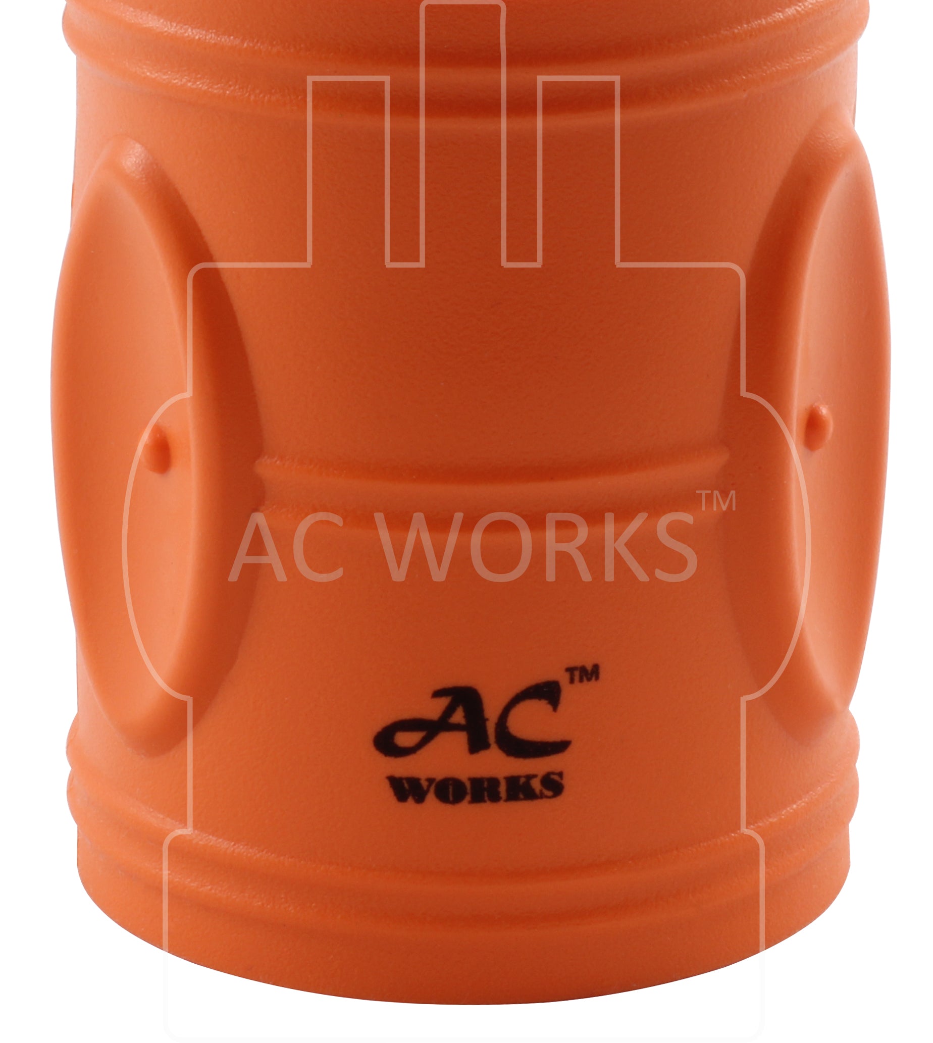 AC Works brand orange, compact, electrical adapter