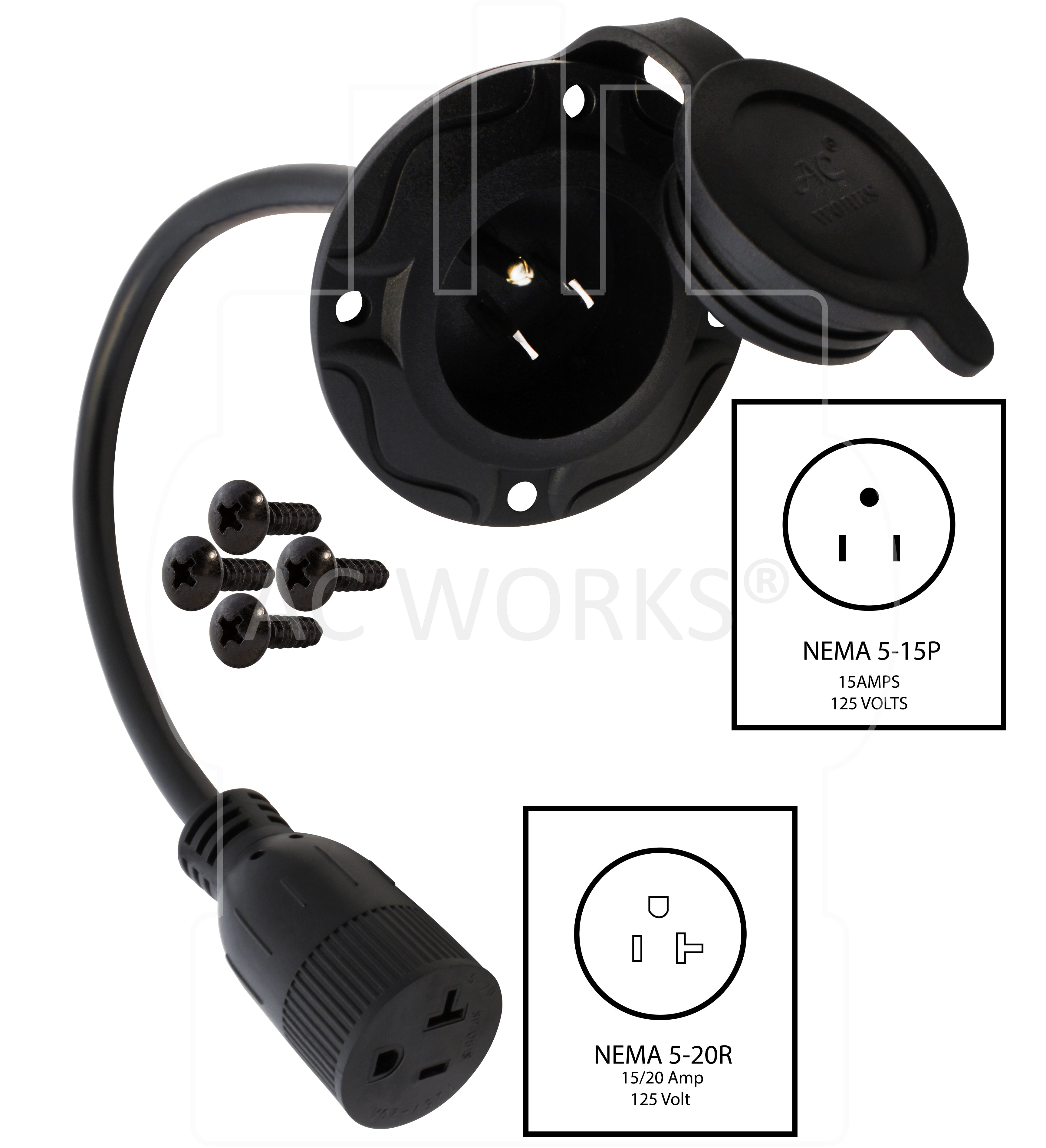 NEMA 5-15P inlet to NEMA 5-20R connector, 515 male inlet to 520 female connector, DIY inlet with cover and connector