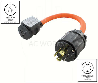 NEMA L14-20P to NEMA 5-20R with circuit breaker, L1420 male plug to 520 female connector with circuit breaker, 4-prong 20 amp locking plug to 20 amp household connector