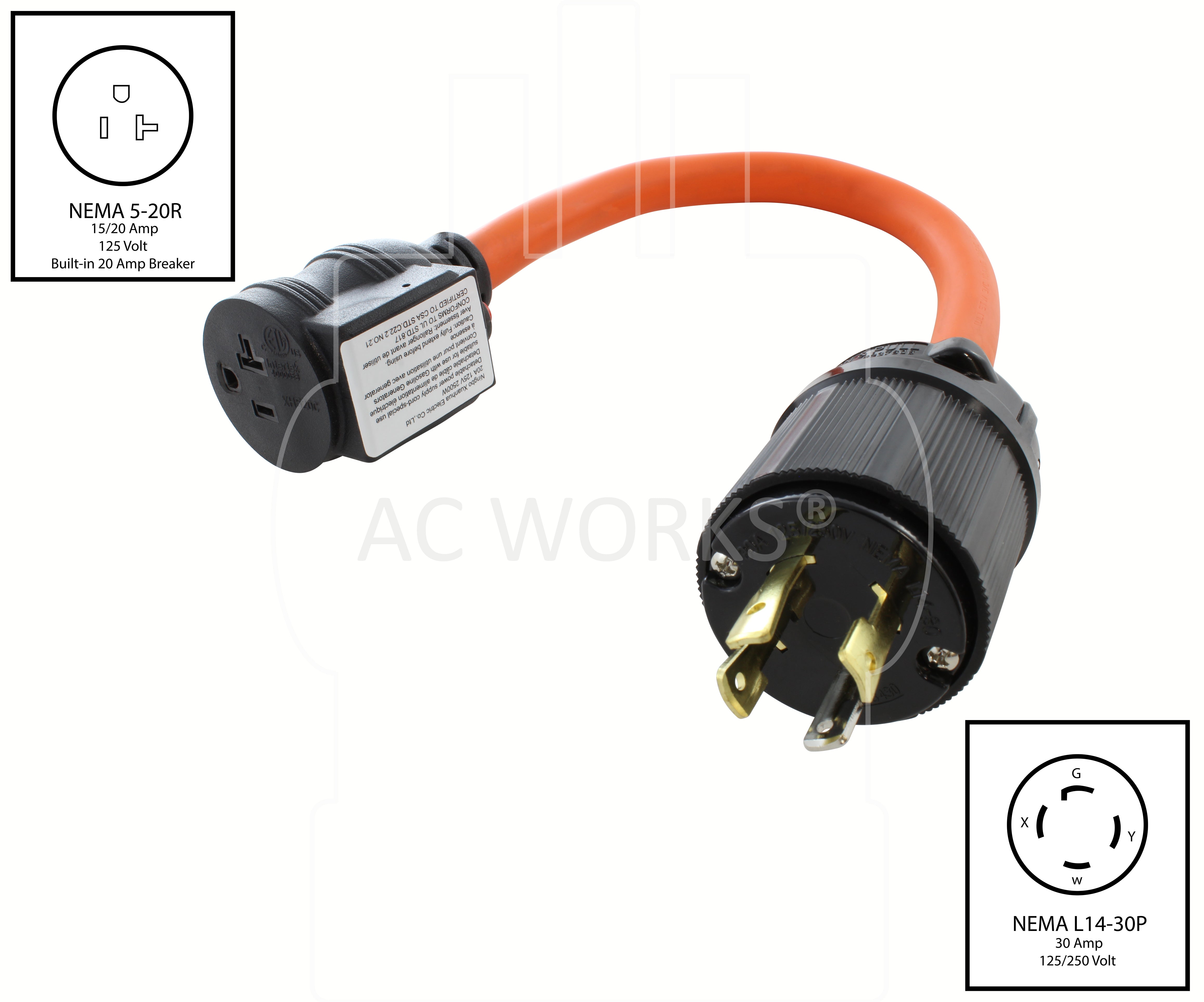 NEMA L14-30P to NEMA 5-20R with circuit breaker, L1430 male plug to 520 female connector with circuit breaker, 4-prong 30 amp locking generator plug to 20 amp household female connector