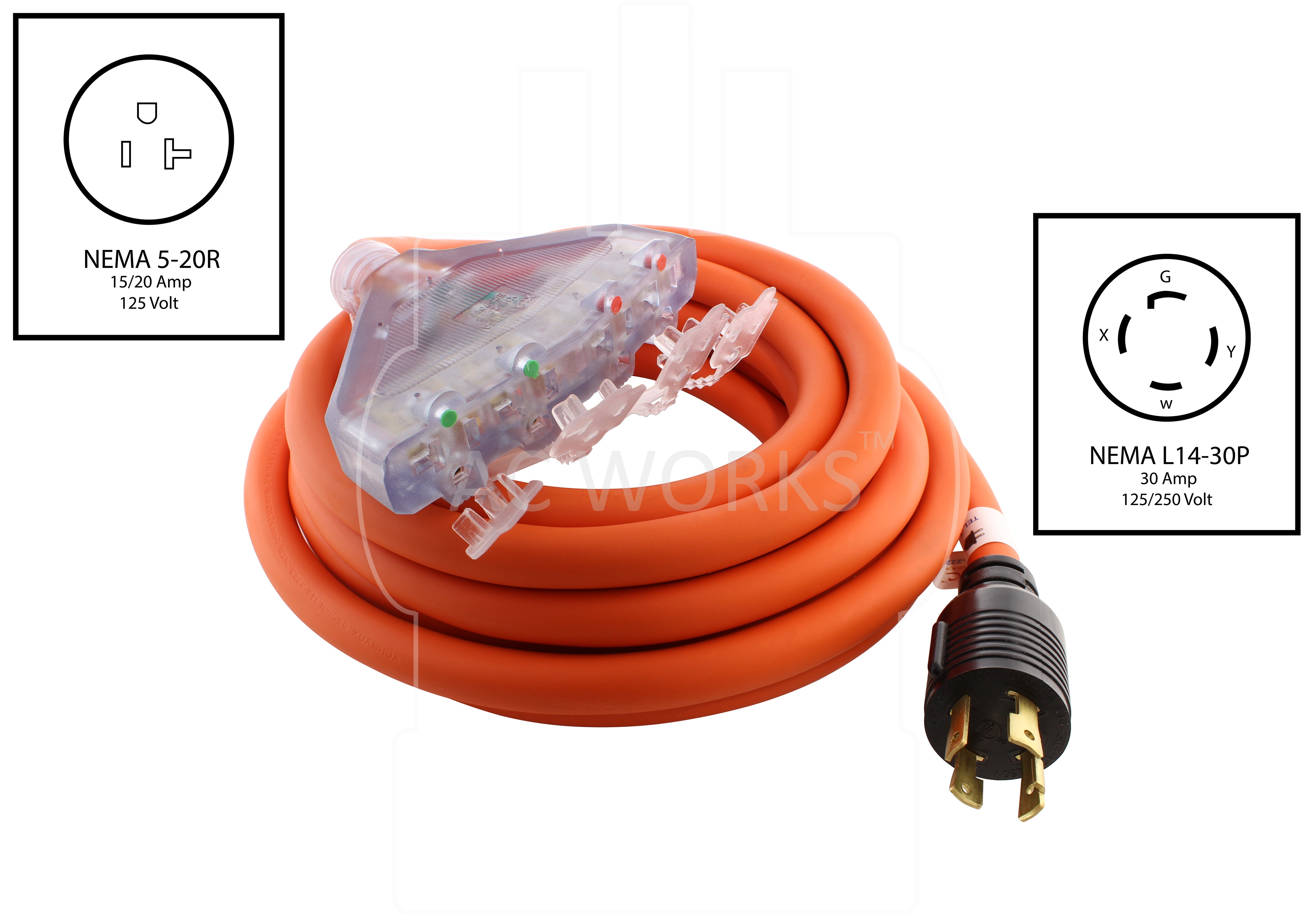 PDU cord, power distribution extension cord, locking PDU, NEMA L14-30P to 4 NEMA 5-20R, L1430 male plug to 4 520 female connectors, generator plug to 4 household connectors