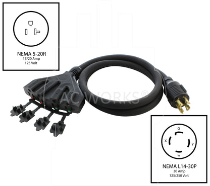 NEMA L14-30P to four NEMA 5-20R, L1430 male plug to four 520 connections, 4-prong 30 amp locking generator plug to four 20 amp t-blade household connections