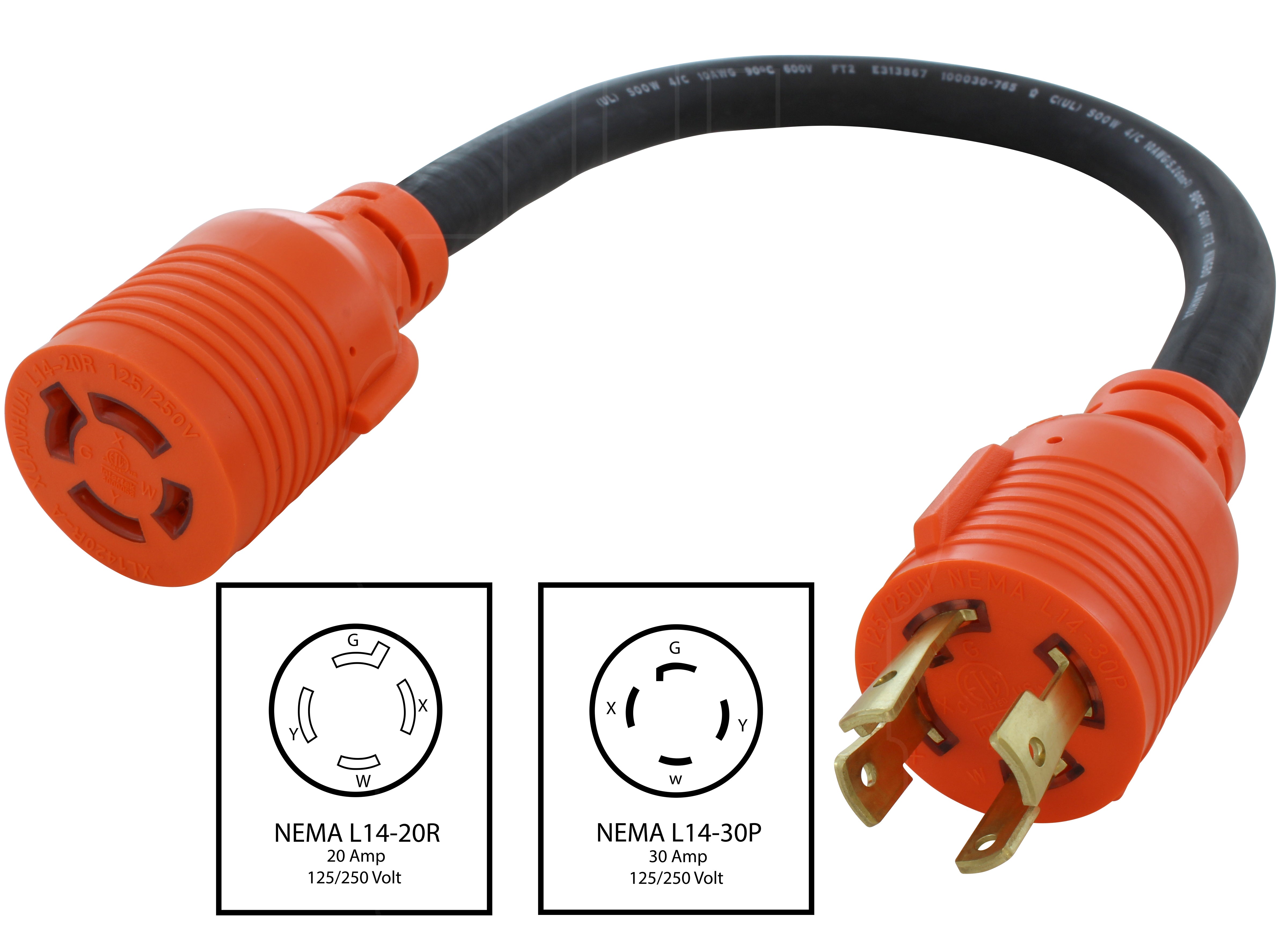 NEMA L14-30P to NEMA L14-20R flexible adapter