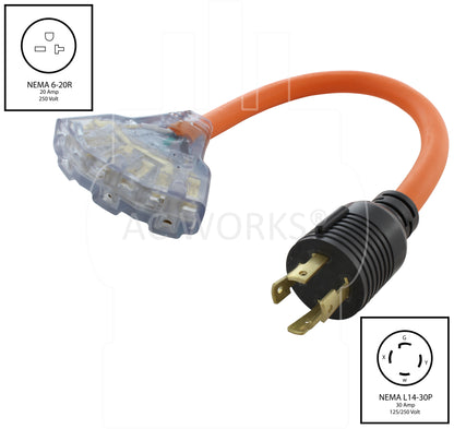 NEMA L14-30P to three NEMA 6-20R, L1430 male plug to three 620 female connectors, 4-prong 30 amp generator plug to 20 amp 250 volt connectors