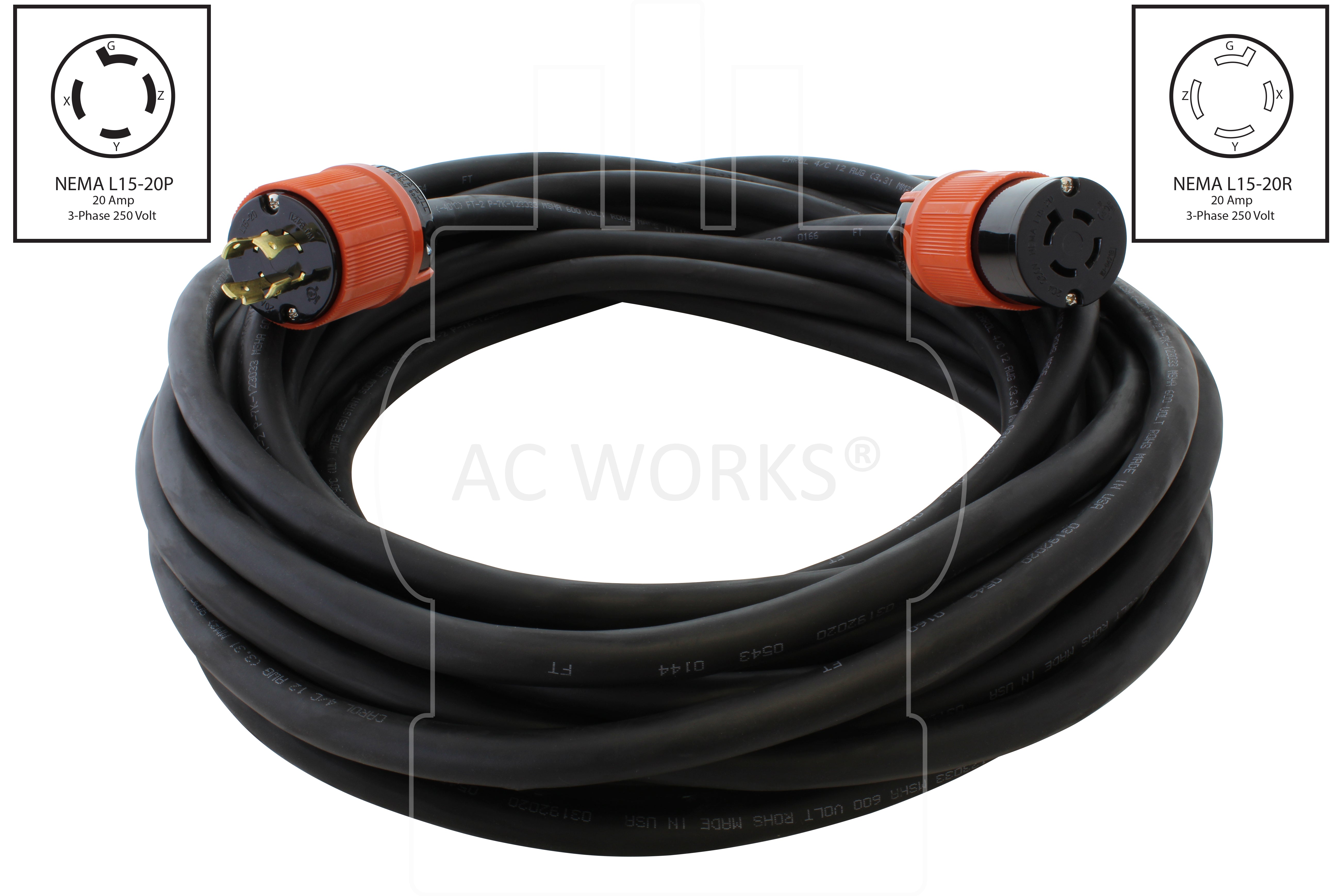 AC WORKS® [L1520PR] SOOW 12/4 NEMA L15-20 20A 3-Phase 250V Industrial Rubber Extension Cord