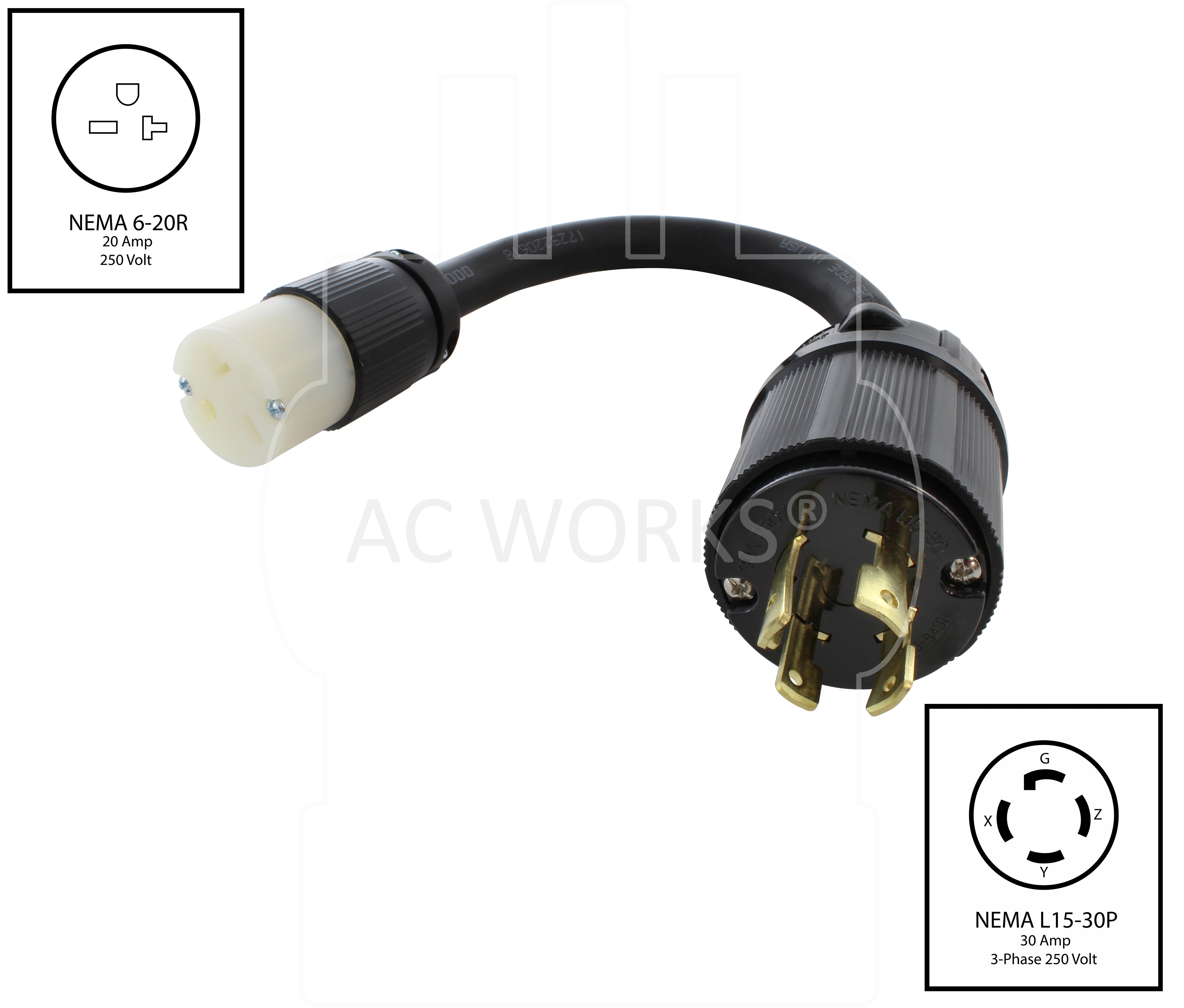 NEMA L15-30P to NEMA 6-20R flexible 250 volt adapter