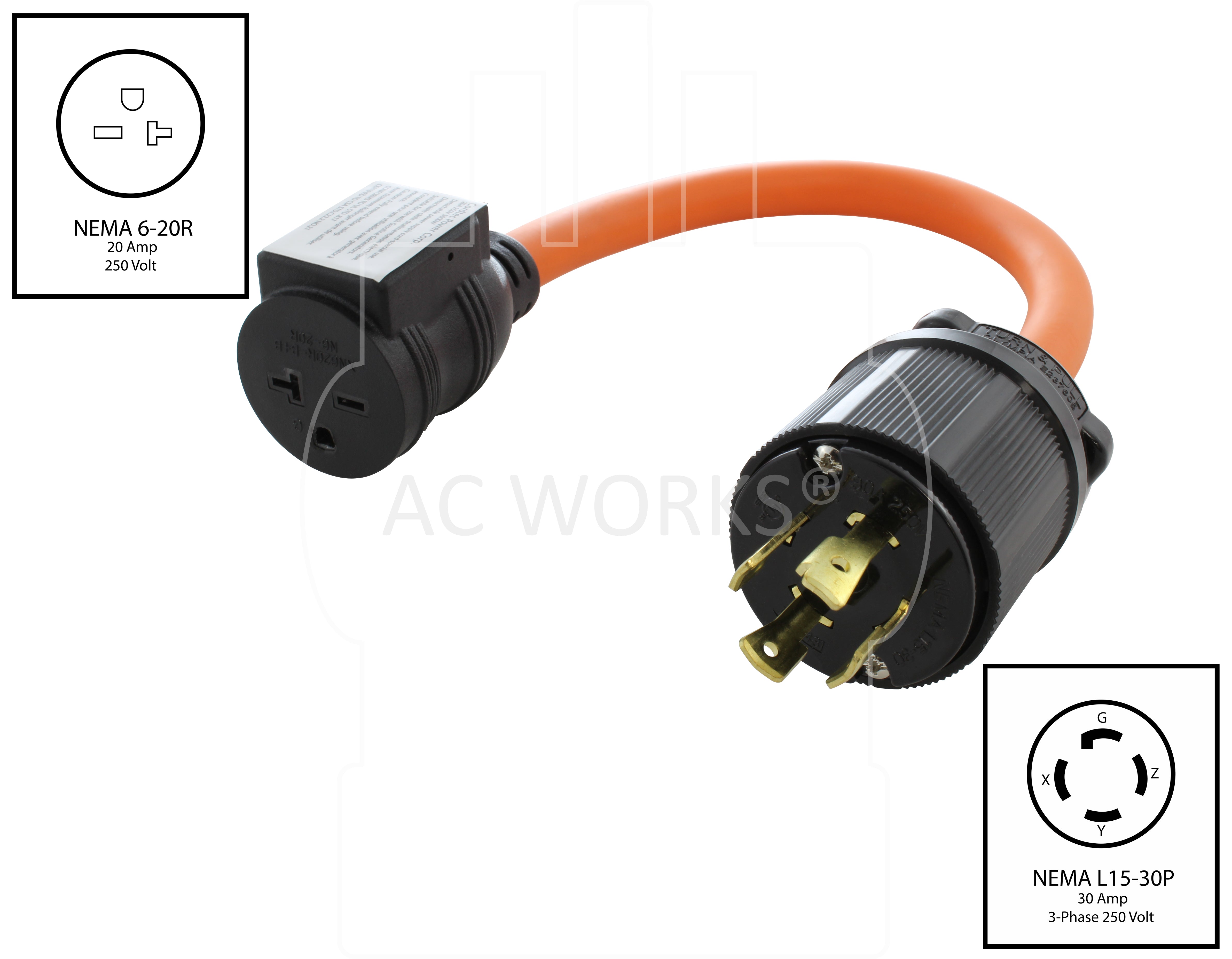 NEMA L15-30P to NEMA 6-20R with 20 amp circuit breaker