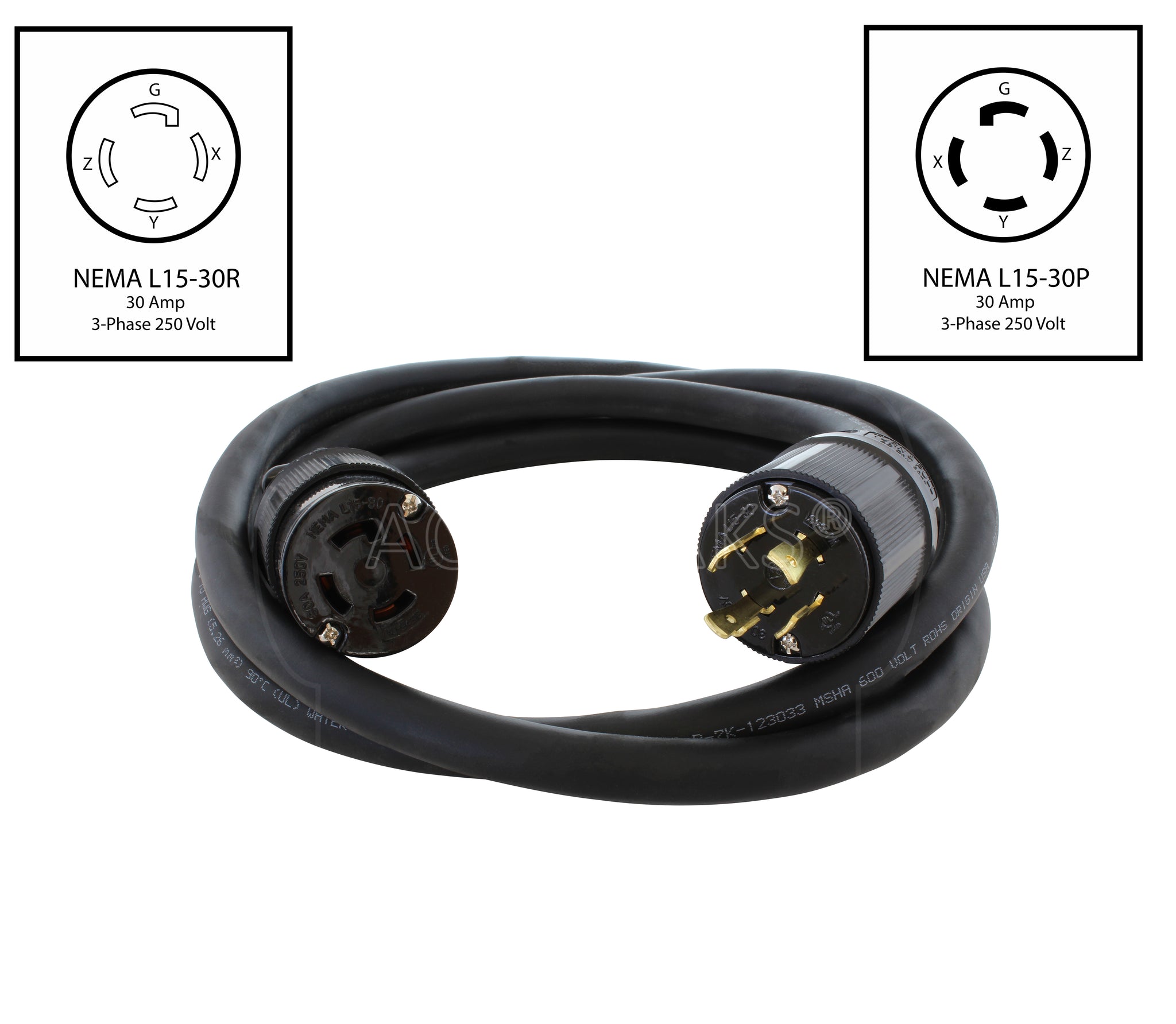 NEMA L15-30 30A 3-Phase 250V SOOW 10/4 Industrial Rubber Extension Cord ...
