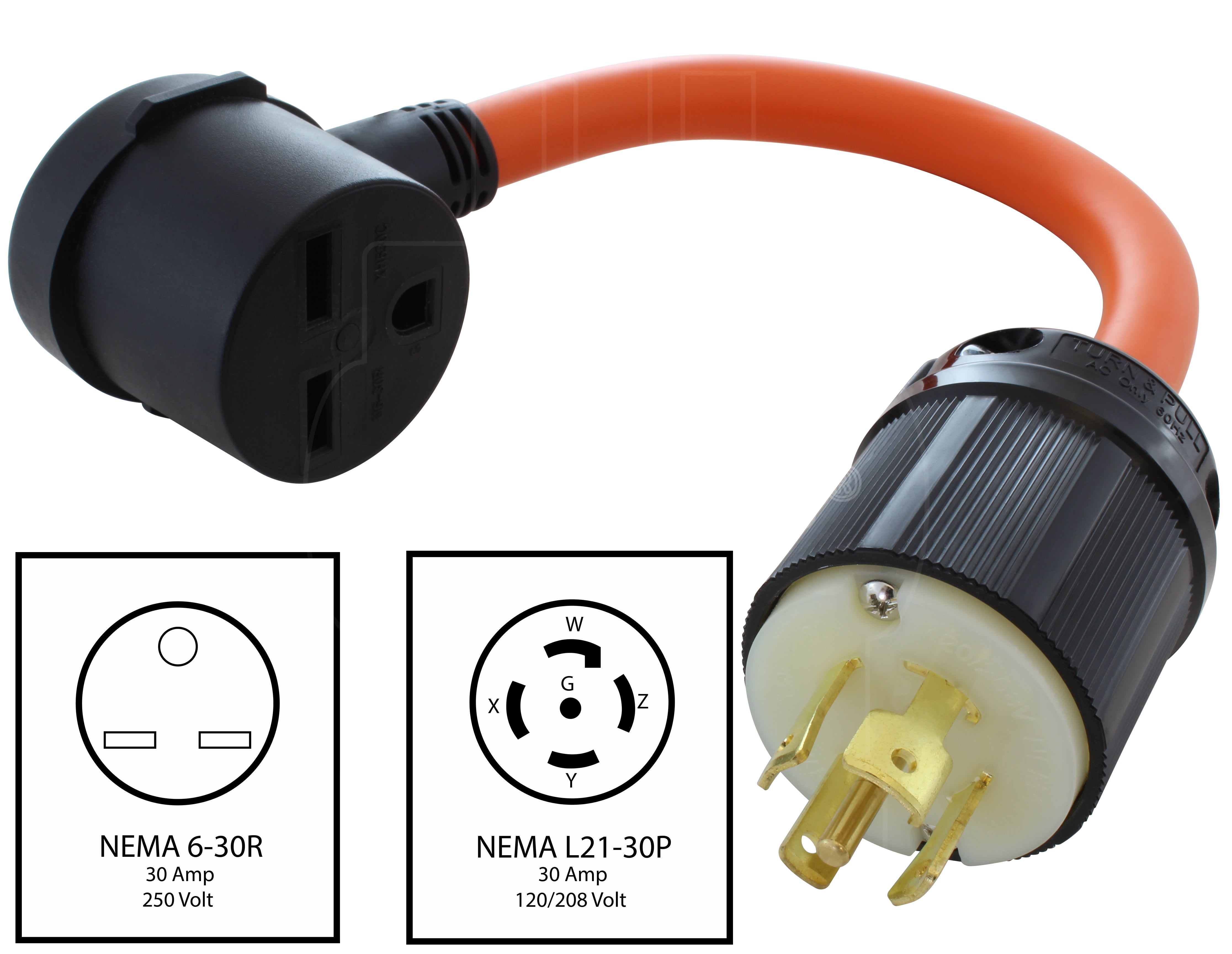 AC WORKS® [L2130630-018] 1.5FT L21-30P 30A 5-Prong Locking Plug to NEMA 6-30 3-Prong Connector